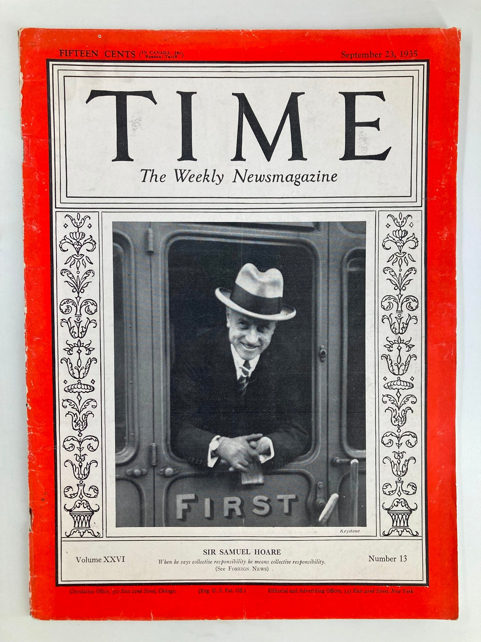 VTG Time Magazine September 23 1935 Vol 26 No. 13 Sir Samuel Hoare