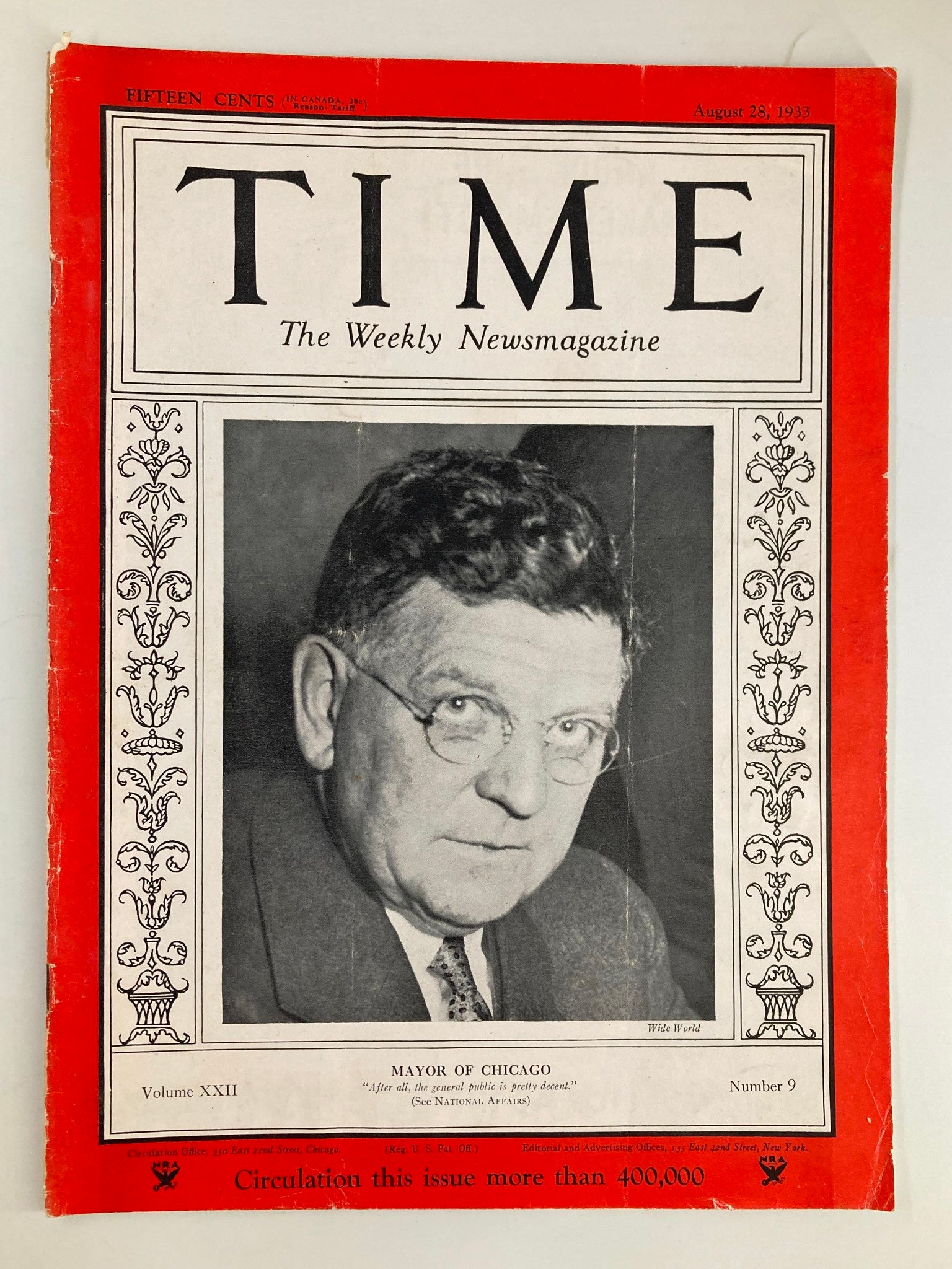 VTG Time Magazine August 28 1933 Vol 22 #9 Mayor Anton Cermak of Chicago