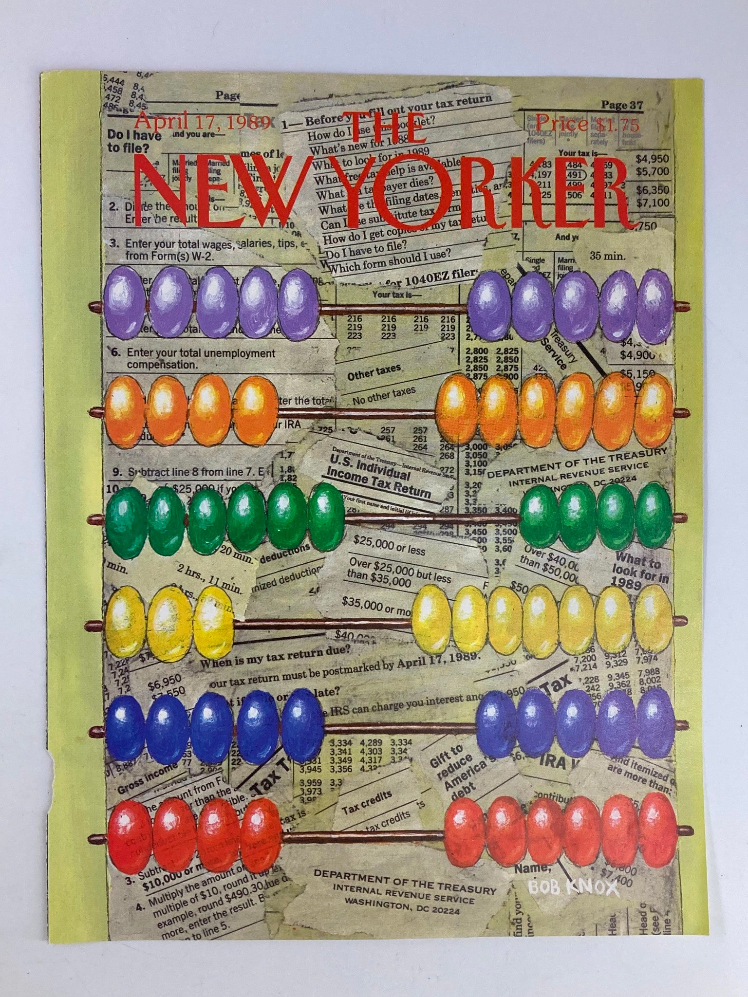 COVER ONLY The New Yorker April 17 1989 Abacus / Counting Frame by Bob Knox