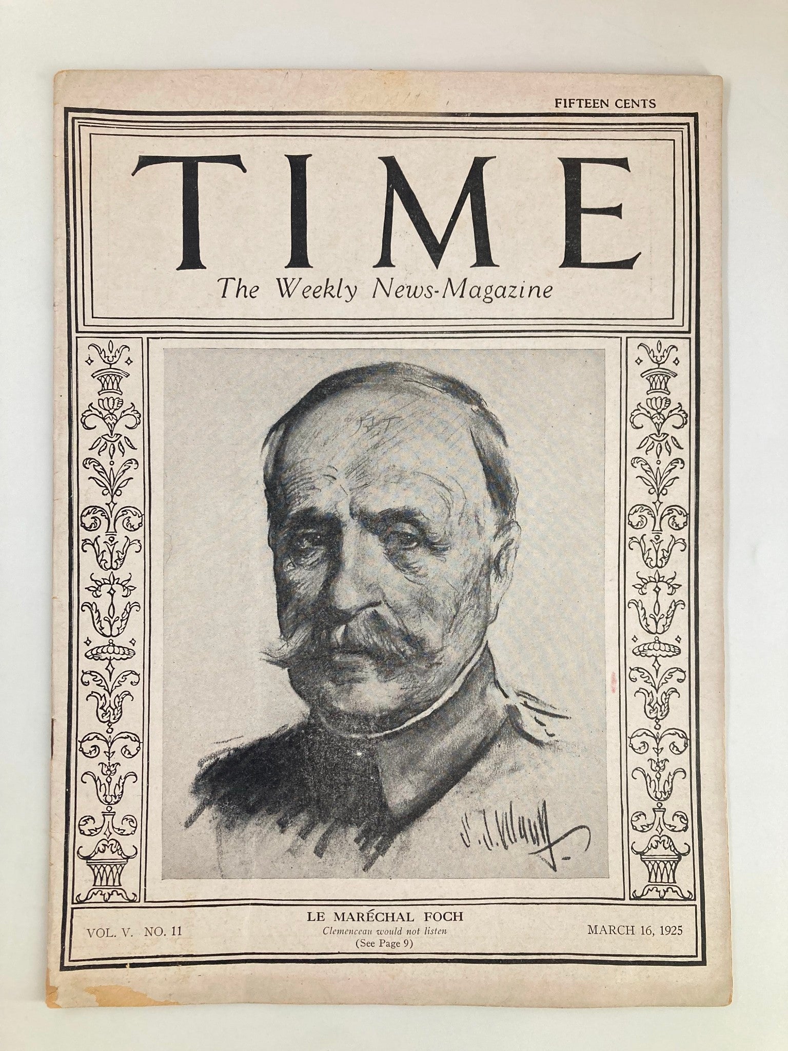Cover of VTG Time Magazine March 16 1925 Vol. V No. 11 featuring a portrait of Le Marechal Foch, showcasing vintage magazine design with detailed graphics and typography.
