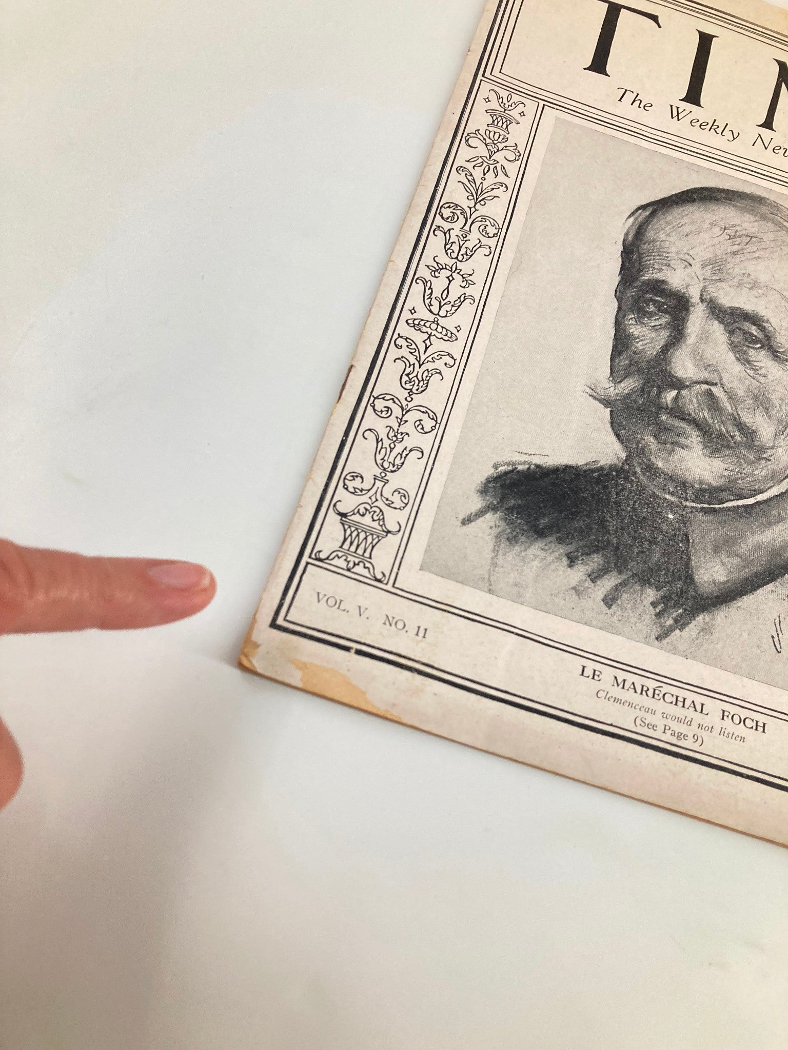 Cover of VTG Time Magazine March 16 1925 Vol. V No. 11 featuring Le Marechal Foch. A finger pointing to the magazine's corner detail.