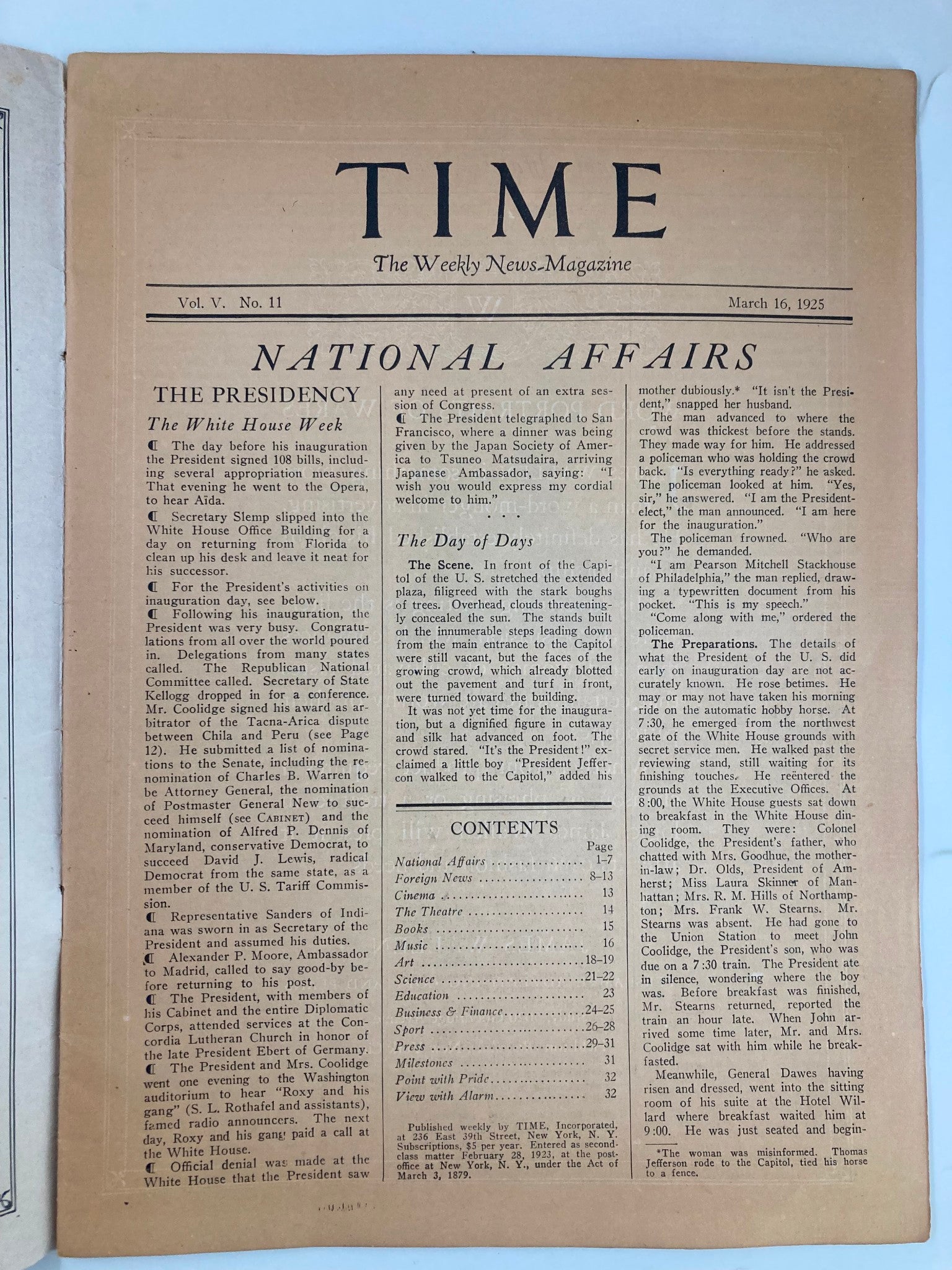 Inside page of VTG Time Magazine March 16 1925 Vol. V No. 11 displaying the National Affairs section.