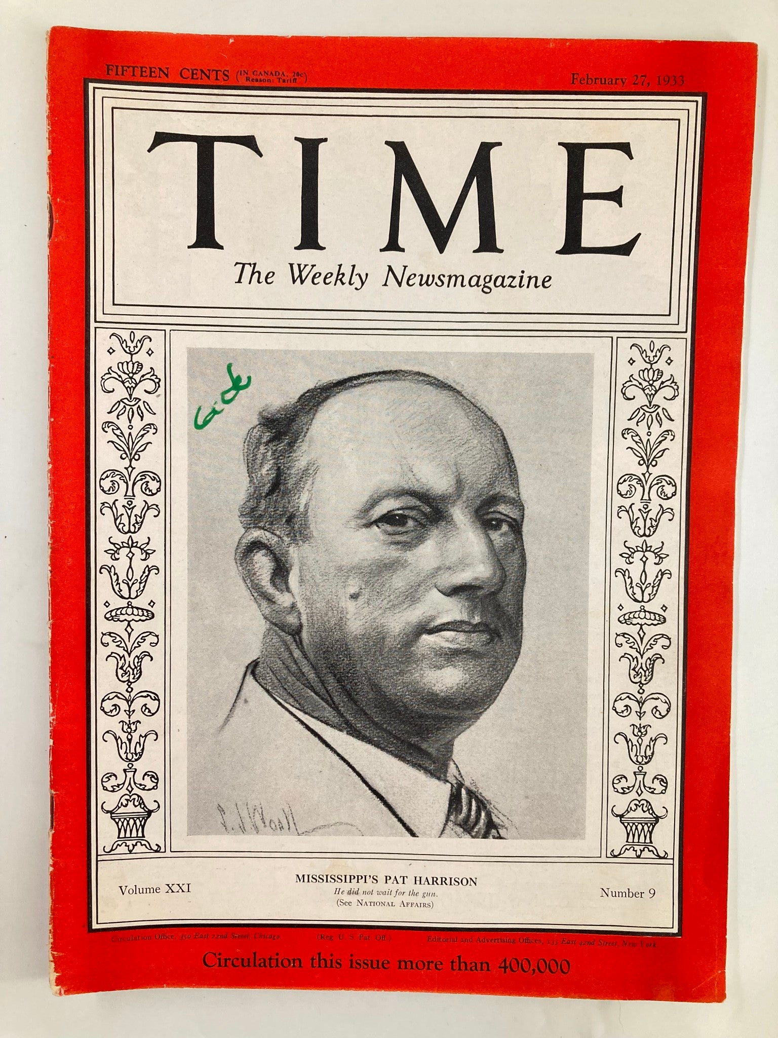 VTG Time Magazine February 27 1933 Vol 21 No. 9 Mississippi's Pat Harrison