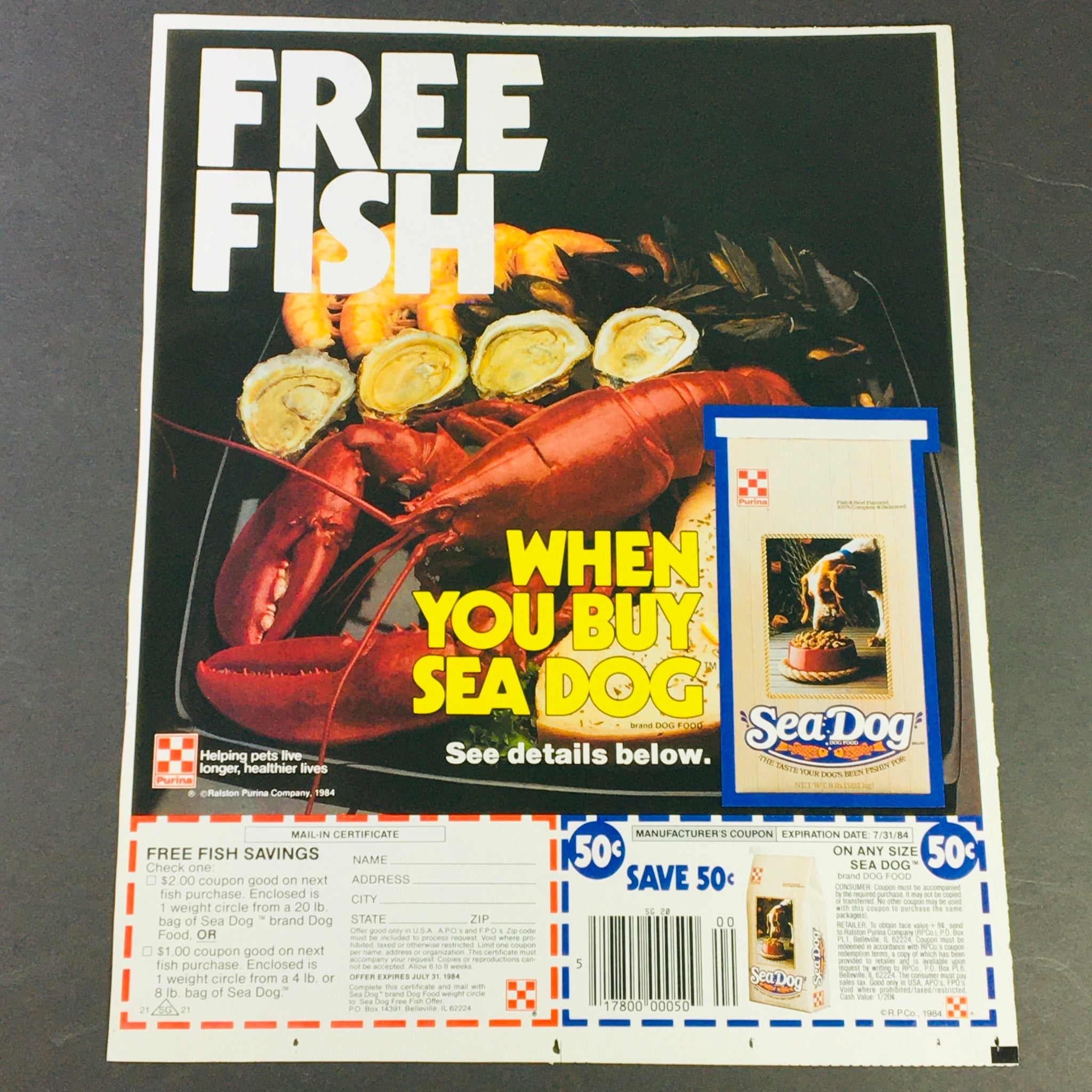 VTG Retro 1984 Purina Sea Dog Free Fish & Tostitos Potato Nacho Chips Ad Coupon