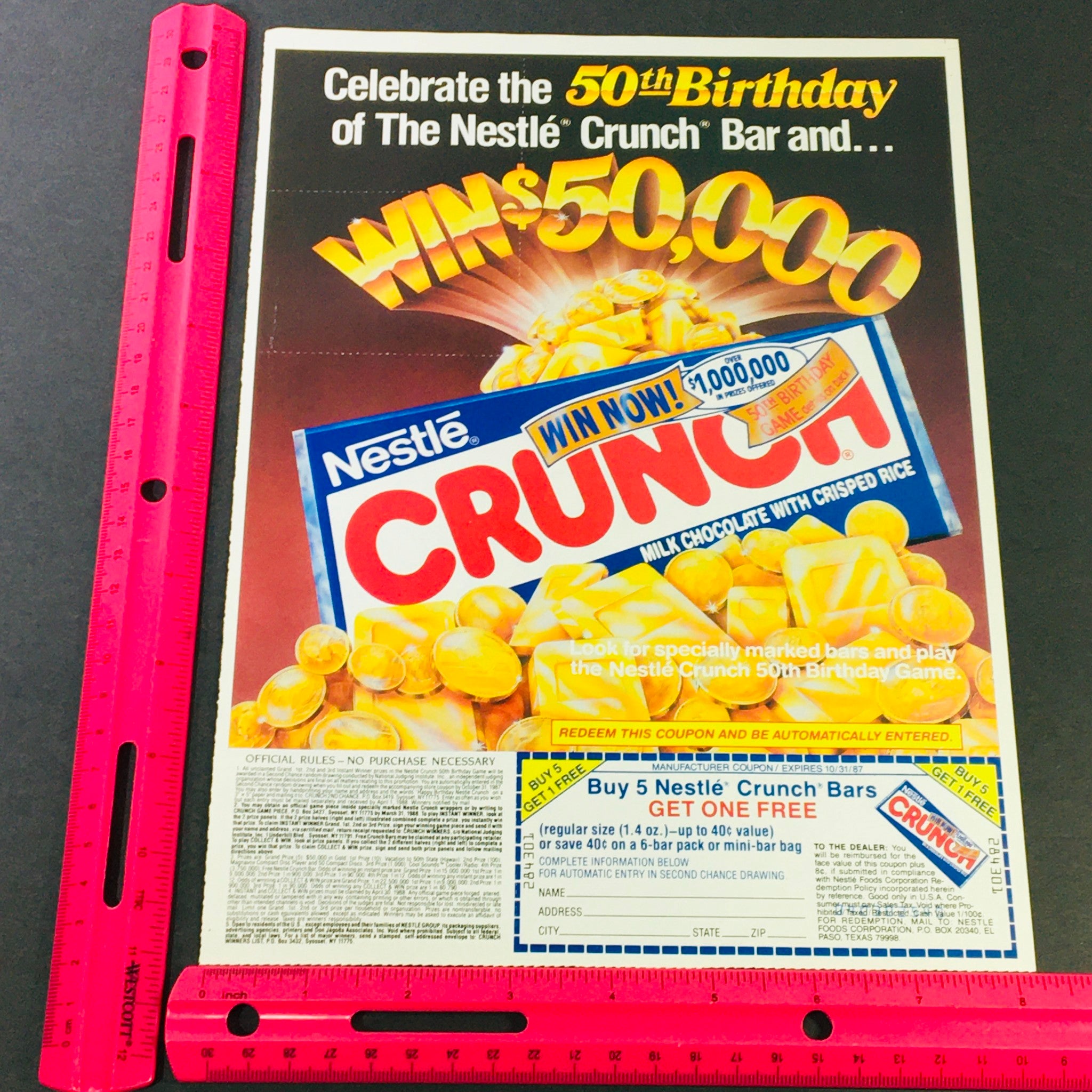 VTG Retro 1987 The Nestle Crunch Bar and 50th Birthday Win $1,000,000 Ad Coupon