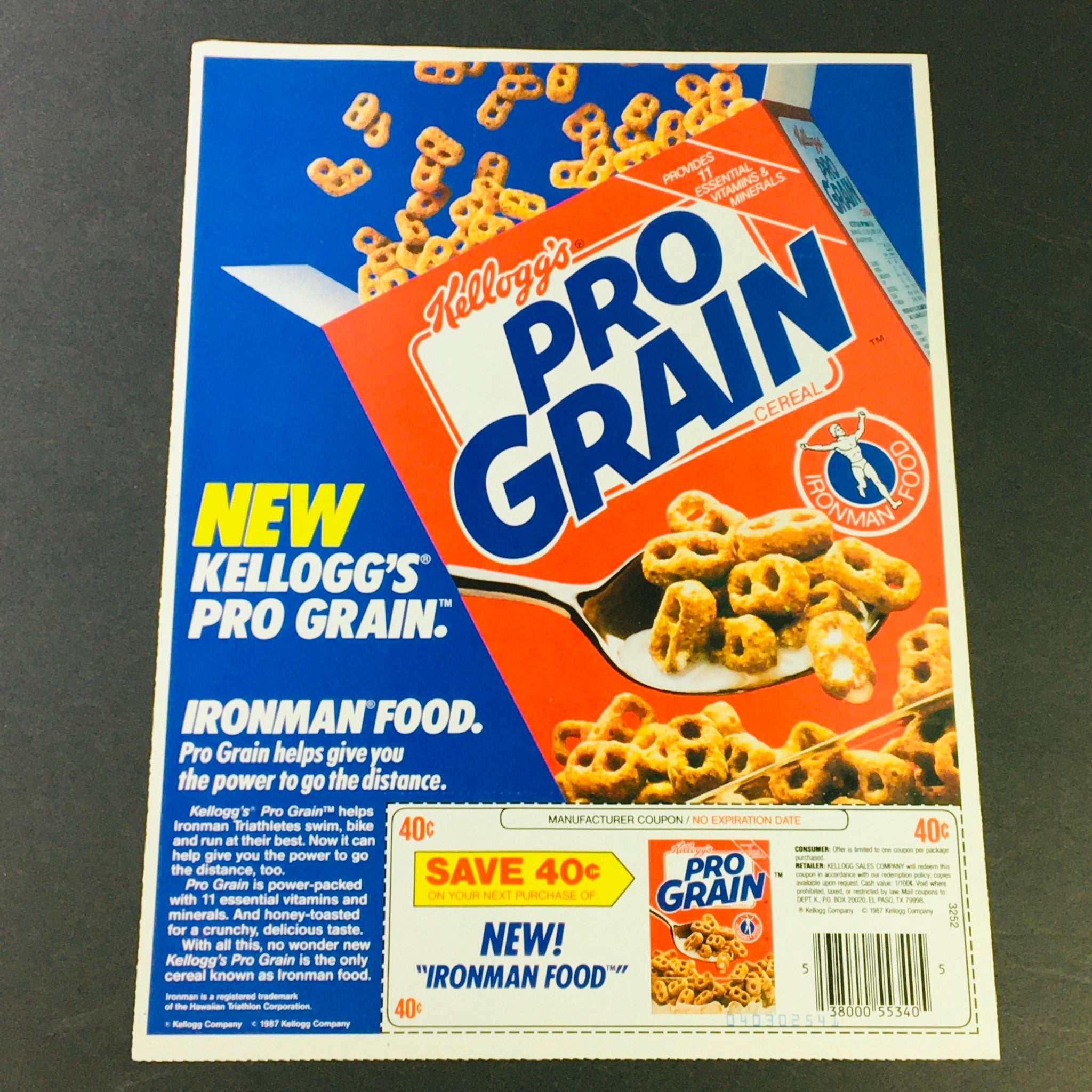 VTG Retro 1987 Kellogg's Pro Grain Cereal Ironman Food & Spears Farm Ad Coupon