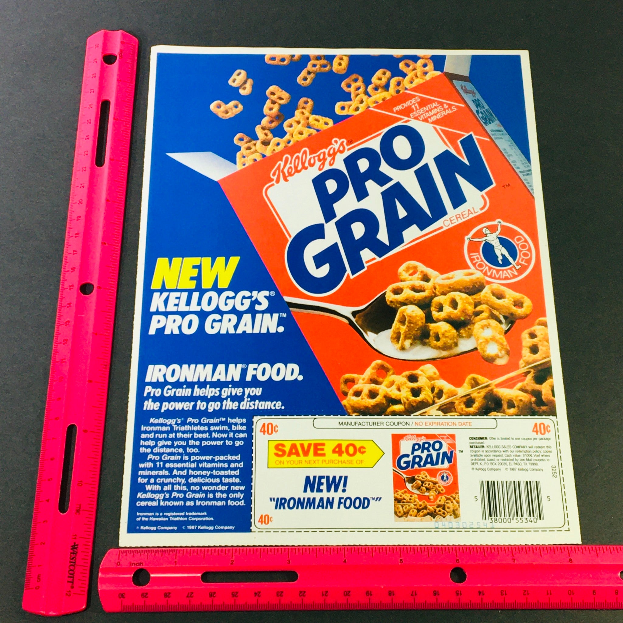 VTG Retro 1987 Kellogg's Pro Grain Cereal Ironman Food & Spears Farm Ad Coupon