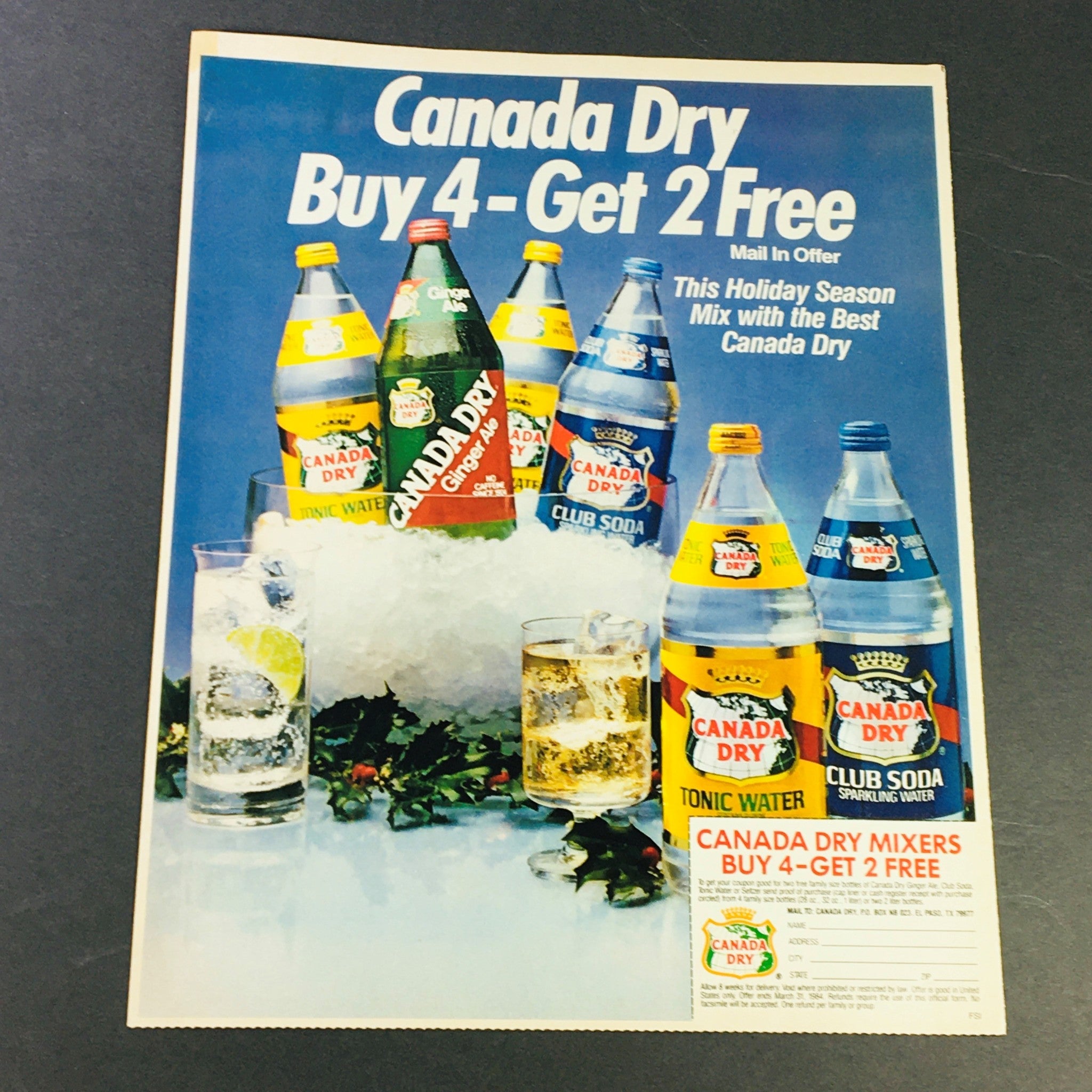 VTG Retro 1984 Canada Dry Tonic Water & Club Soba Sparkling Water Ad Coupon