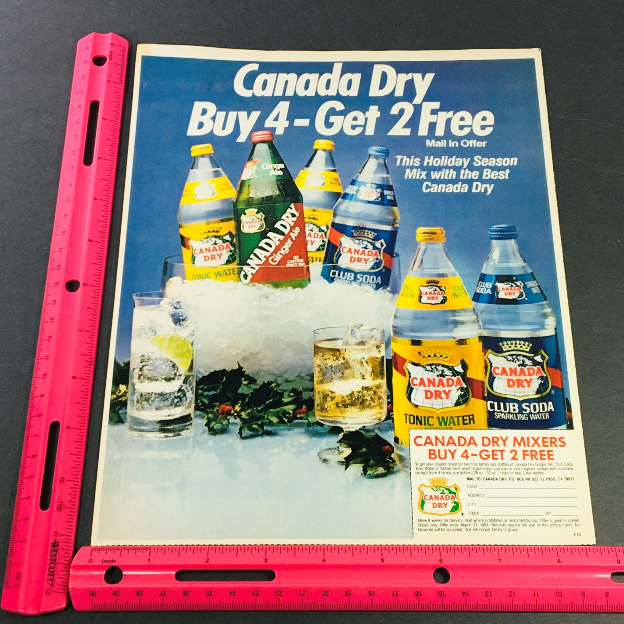 VTG Retro 1984 Canada Dry Tonic Water & Club Soba Sparkling Water Ad Coupon