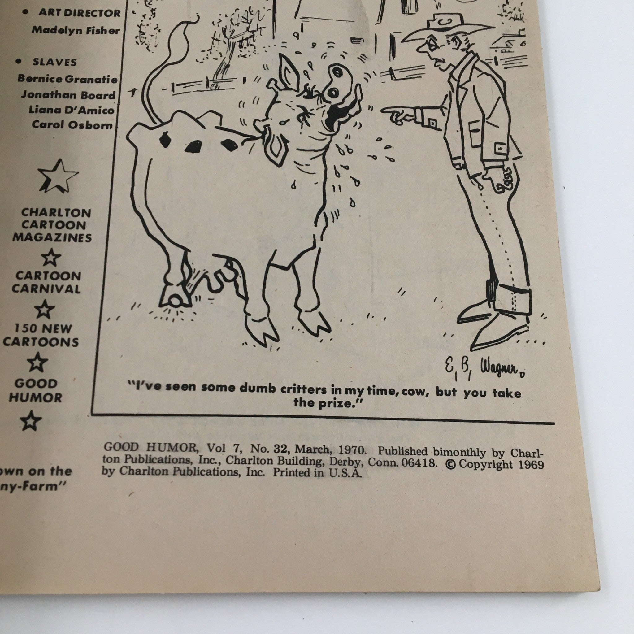 Inside page of VTG Good Humor Cartoons March 1970 Vol. 7 No. 32 showing a humorous cartoon with a cow and a farmer, emphasizing the magazine's comedic style.
