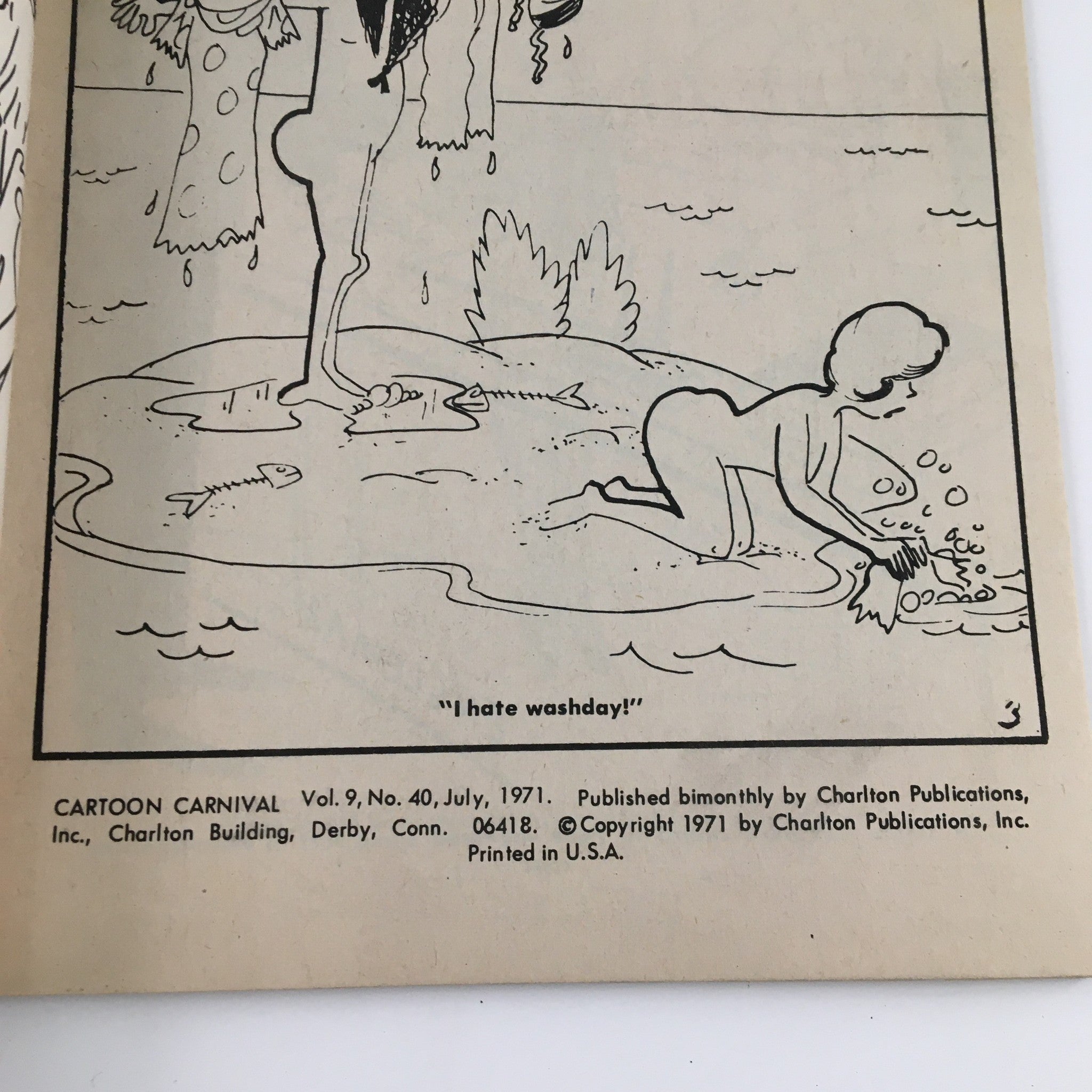 Illustration from VTG Cartoon Carnival July 1971 Vol. 9 No. 4 Charlton Joke Magazine, depicting a humorous scene with characters expressing their disdain for washday chores.