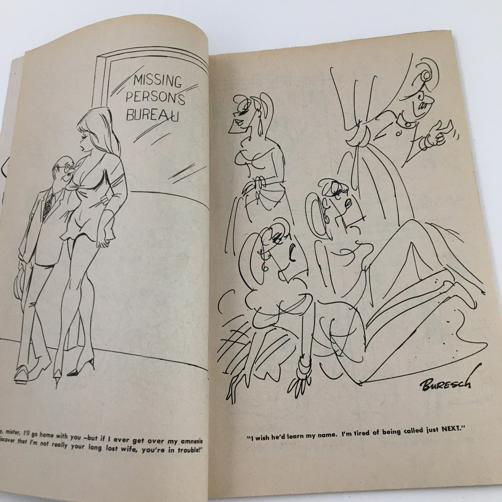 A comedic cartoon from VTG Cartoon Carnival July 1971 Vol. 9 No. 4 Charlton Joke Magazine, showing a man and woman in a playful exchange at a 'Missing Persons Bureau'.