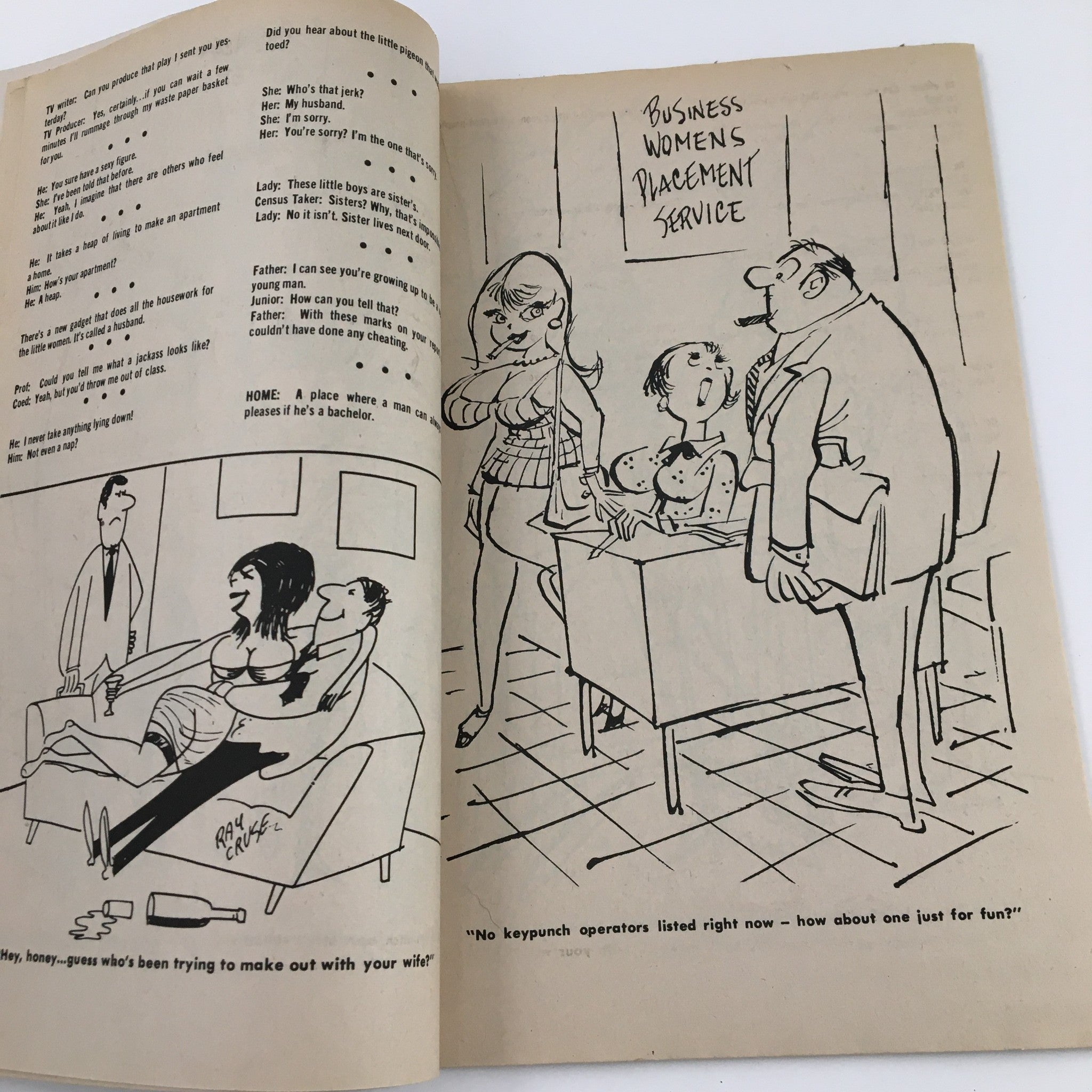Illustration showcasing witty exchanges in VTG Cartoon Carnival July 1971 Vol. 9 No. 4 Charlton Joke Magazine, featuring humorous situations related to women's placement services.