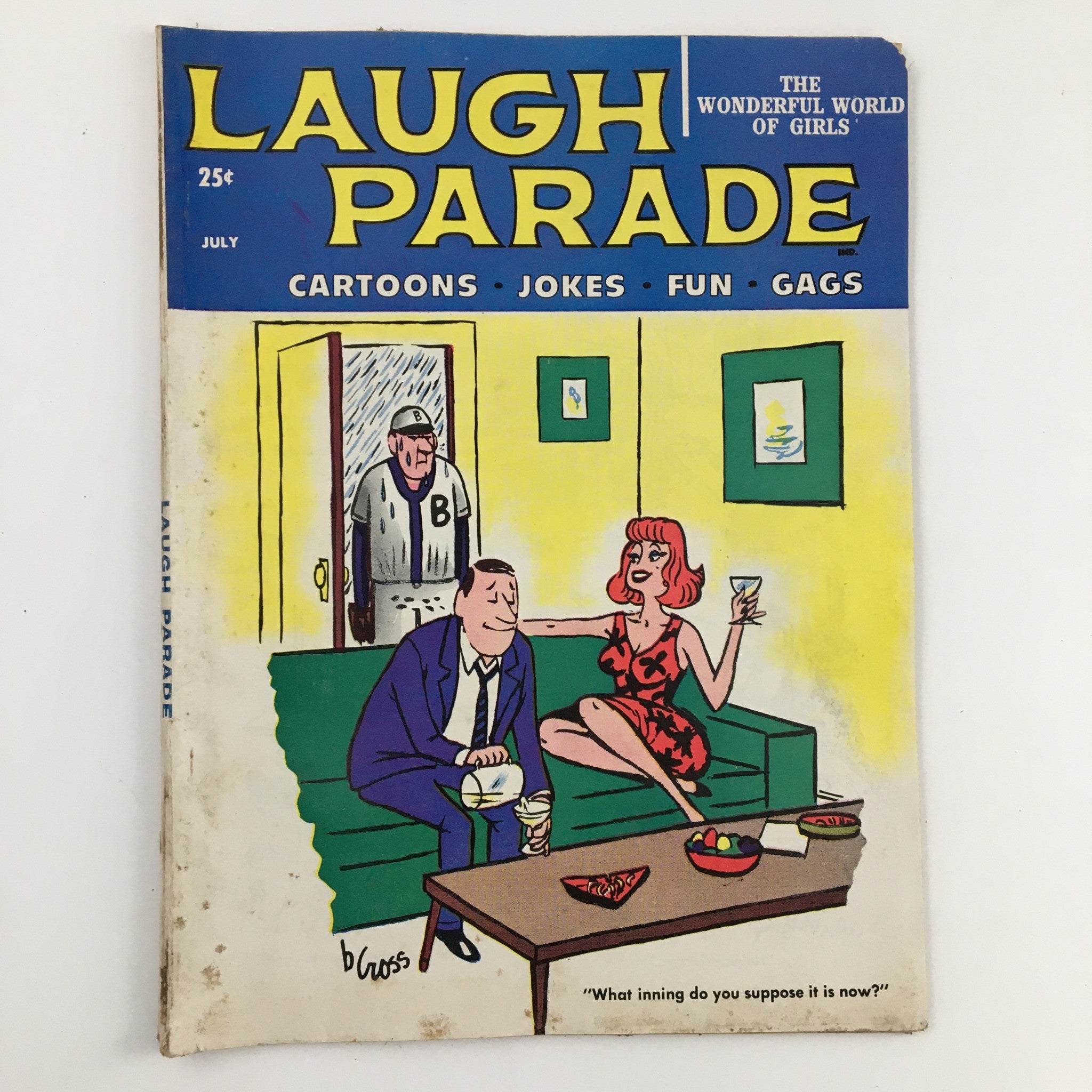 Cover of Laugh Parade Humor Magazine July 1962, Vol. 2 No. 4 featuring a colorful illustration, depicting a humorous scene with a man and woman conversing in a living room.