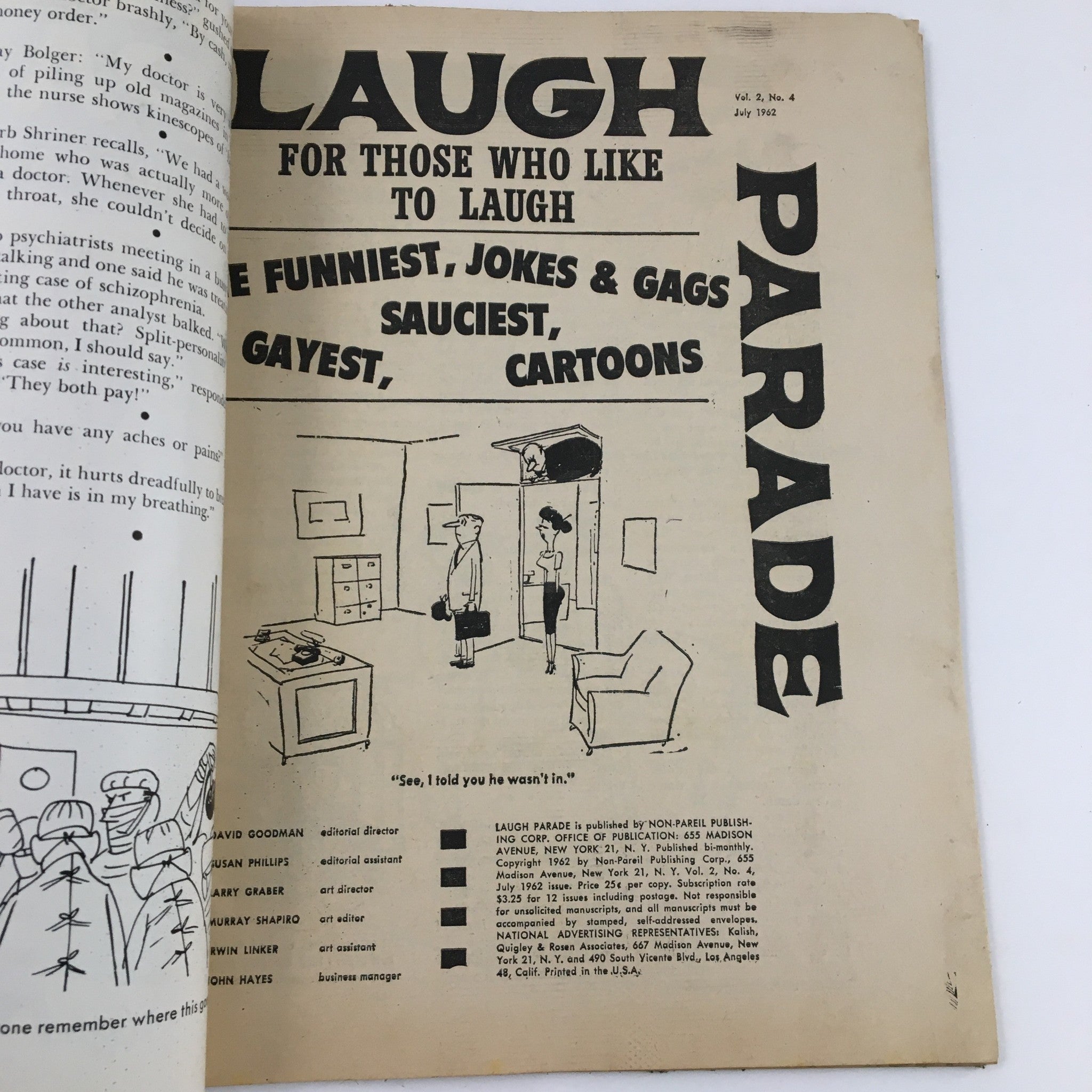 Inside page of Laugh Parade Humor Magazine July 1962, displaying entertaining content with illustrations and humorous text.