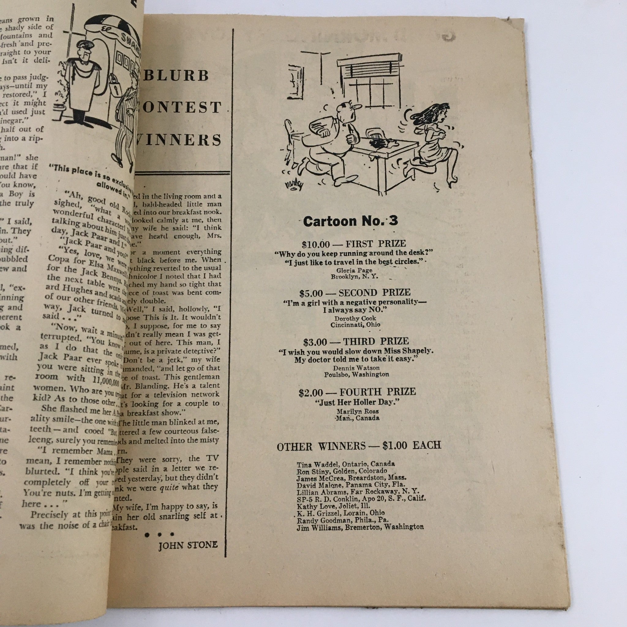 Interior page from Laugh Parade Humor Magazine July 1962, Vol. 2 No. 4 featuring a cartoon with contest winners and humorous anecdotes.