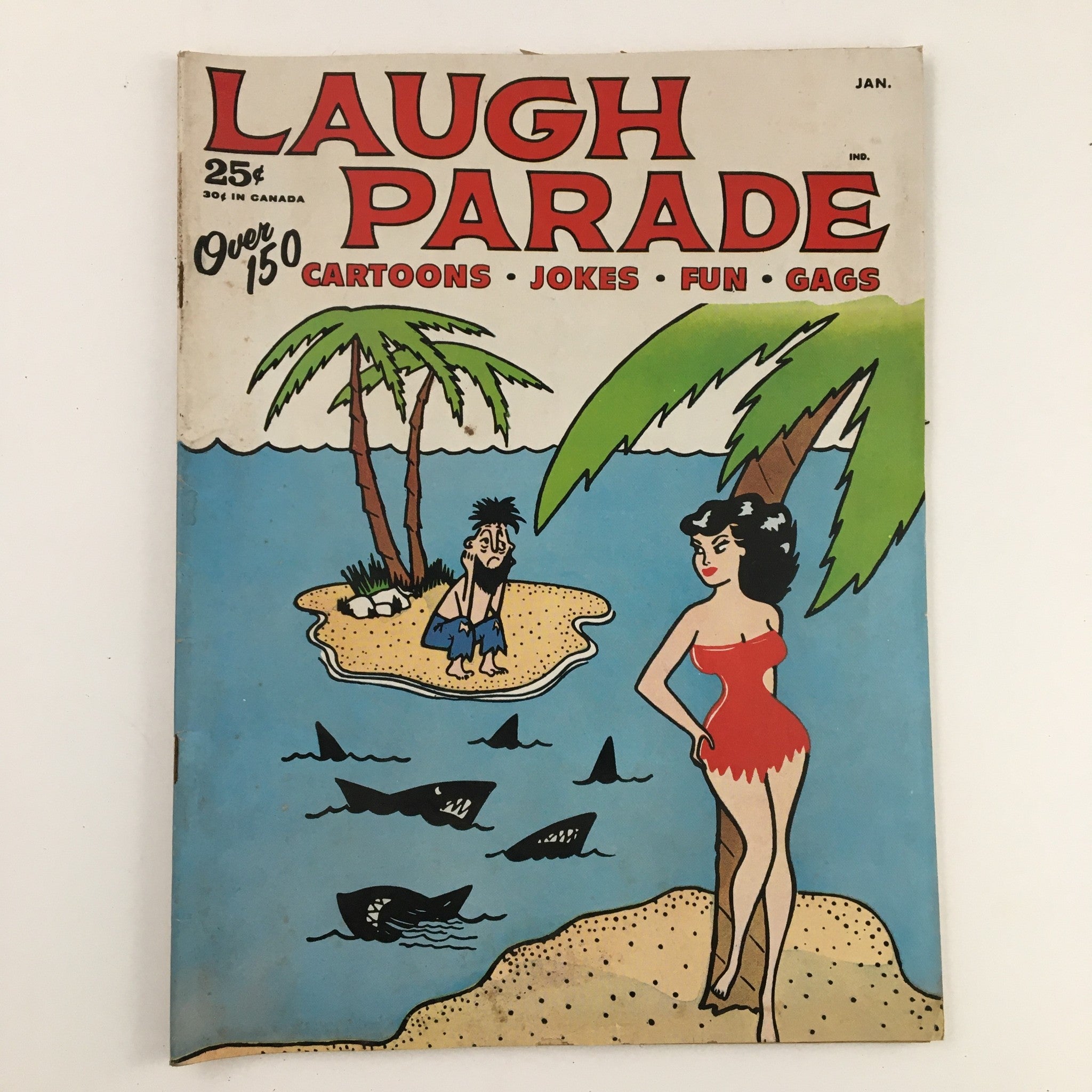 Cover of Laugh Parade Humor Magazine January 1963, Vol. 2 No. 7 featuring a cartoon scene with a man on a beach and a woman in a red swimsuit, highlighting the theme of The Girl Trouble.