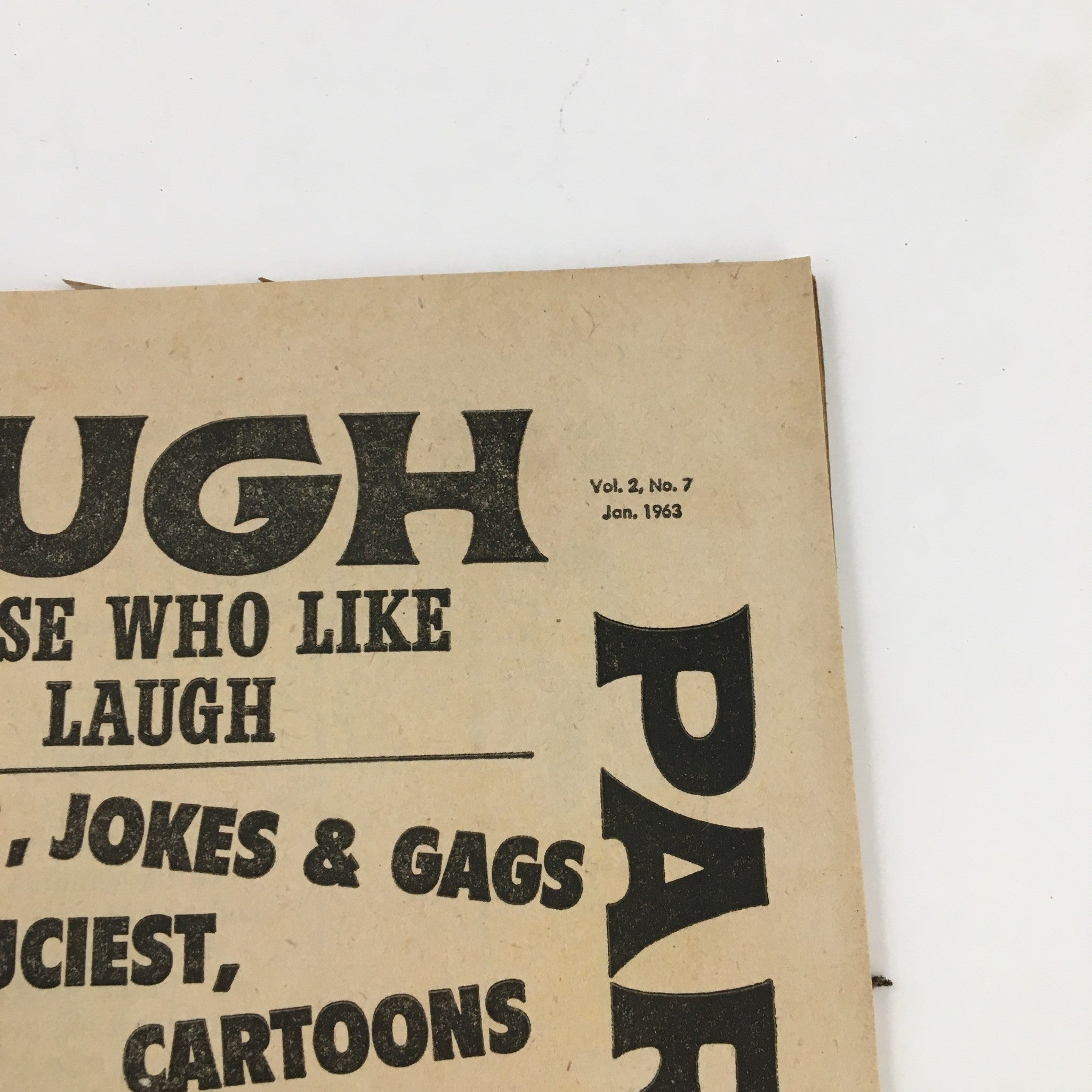 Close-up of the title page of Laugh Parade Humor Magazine January 1963, Vol. 2 No. 7 showcasing the magazine's name and edition details for enthusiasts and collectors.