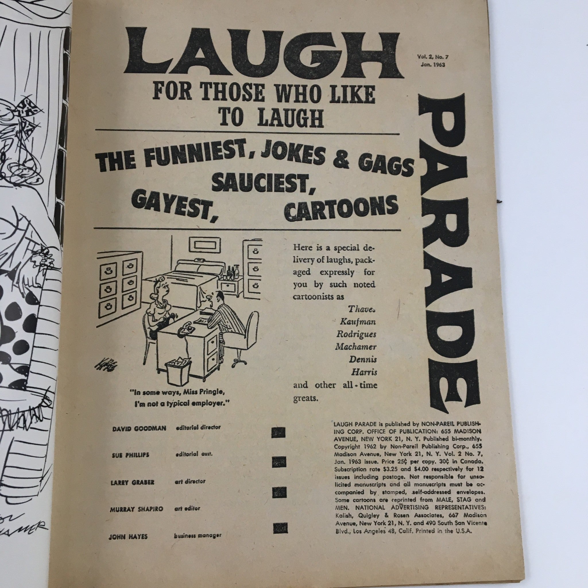 Interior page of Laugh Parade Humor Magazine January 1963, Vol. 2 No. 7 featuring a humorous introduction and contributors list, emphasizing the comedic nature of the content.