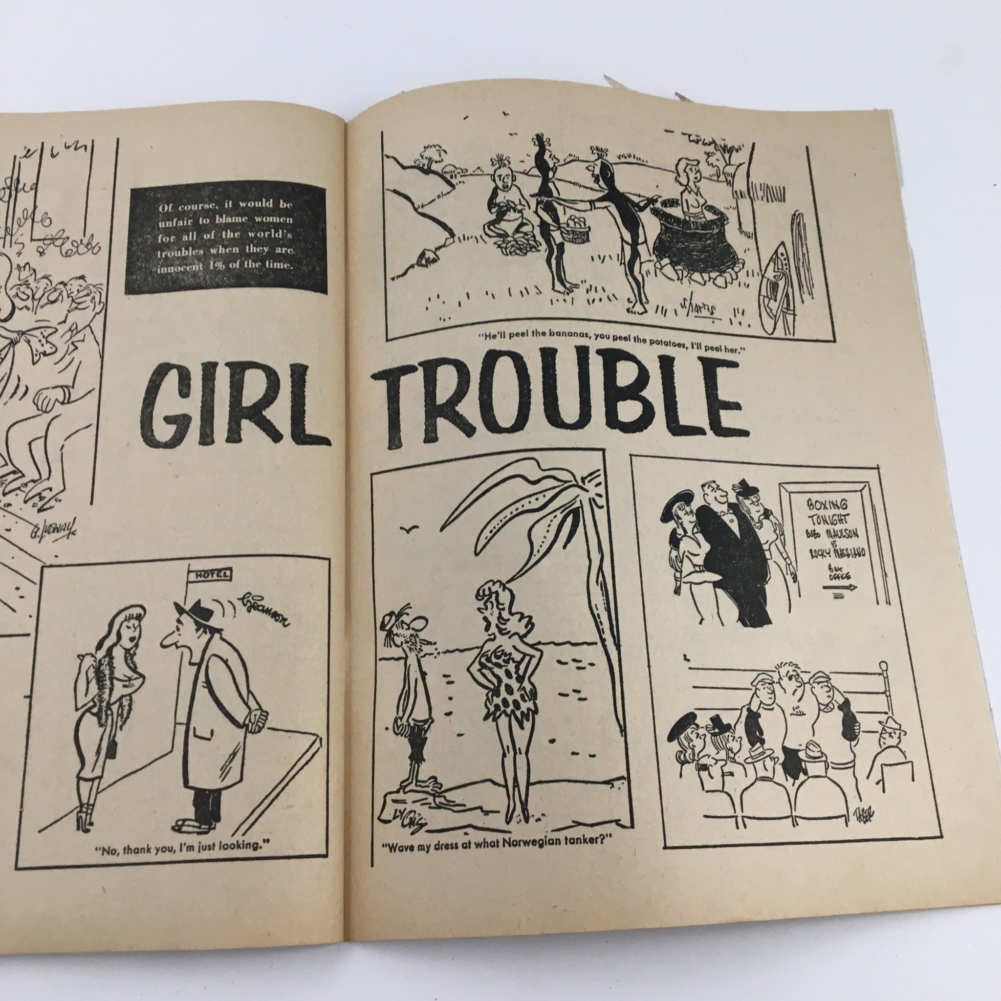 The main page of Laugh Parade Humor Magazine January 1963, Vol. 2 No. 7 titled 'Girl Trouble,' featuring illustrations and clever comics.