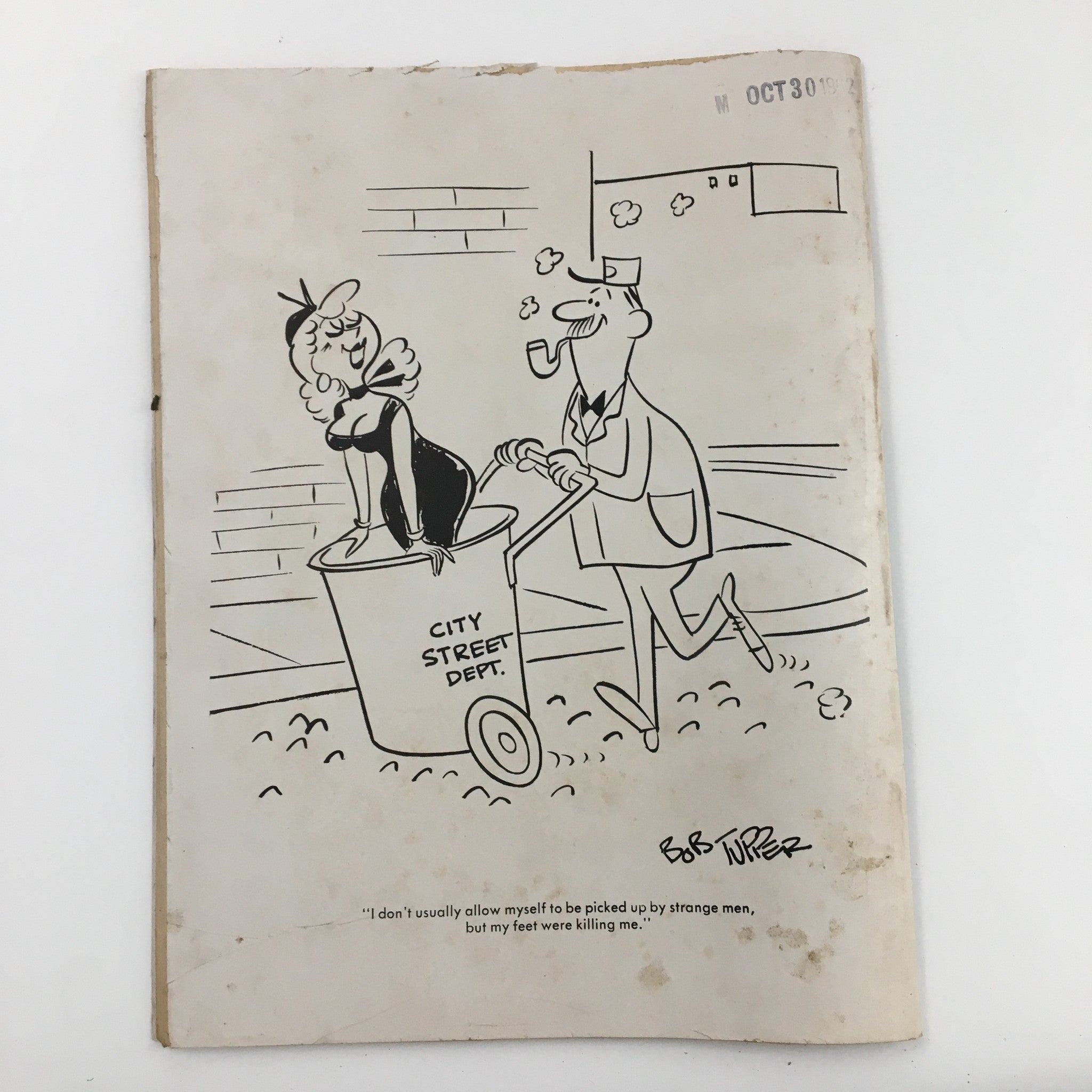 Back cover of Laugh Parade Humor Magazine January 1963, Vol. 2 No. 7, featuring a humorous cartoon with a character in a barrel and witty text accompanying it.