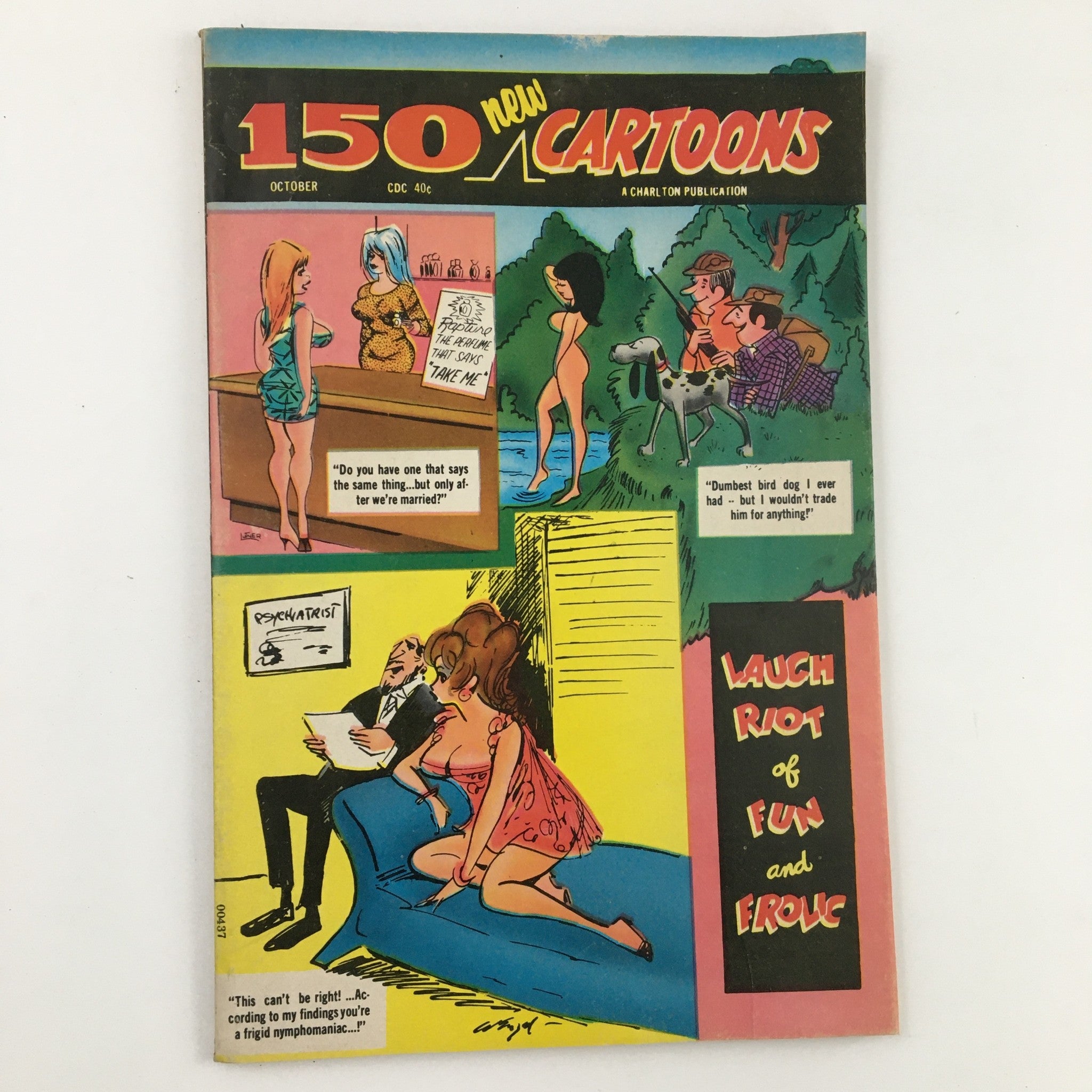 Cover of VTG 150 New Cartoons October 1971 No. 42 Charlton Joke Magazine featuring colorful illustrations and comedic scenes.
