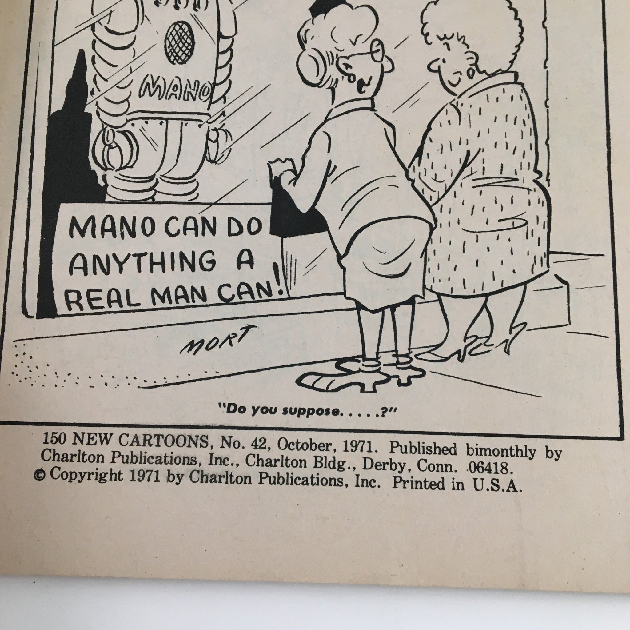 Interior page of VTG 150 New Cartoons October 1971 No. 42 Charlton Joke Magazine showcasing a humorous cartoon about a robot and women discussing its capabilities.