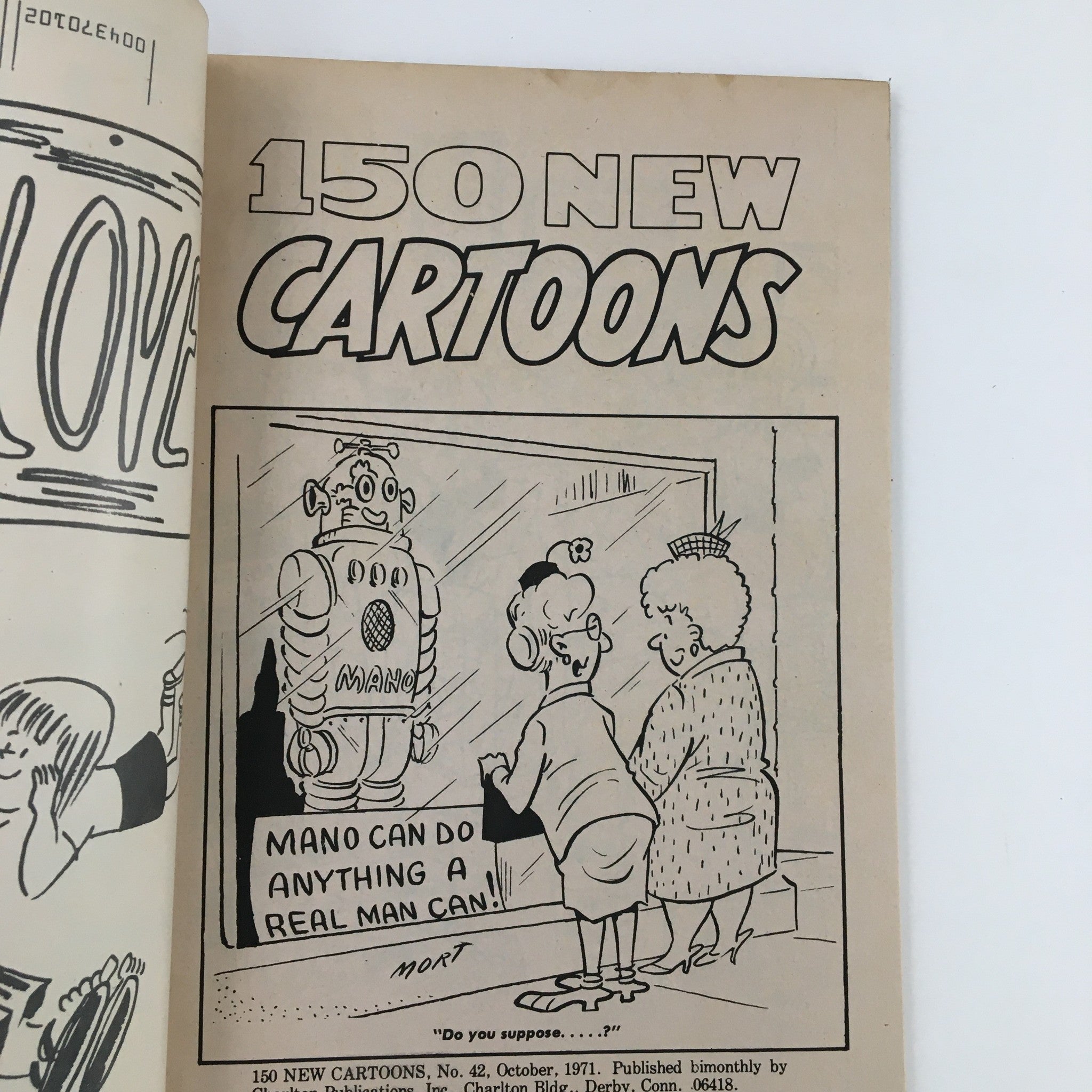 Interior page of VTG 150 New Cartoons October 1971 No. 42 Charlton Joke Magazine featuring a cartoon depicting women observing a robot and a humorous commentary.