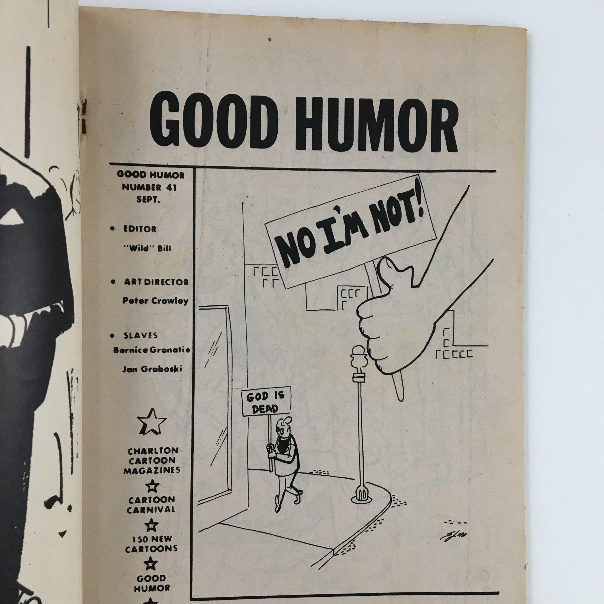 Another interior page of Good Humor September 1971 No. 41 magazine featuring a cartoon where a character responds to 'God is dead' with 'No I’m not!', illustrating satirical humor.