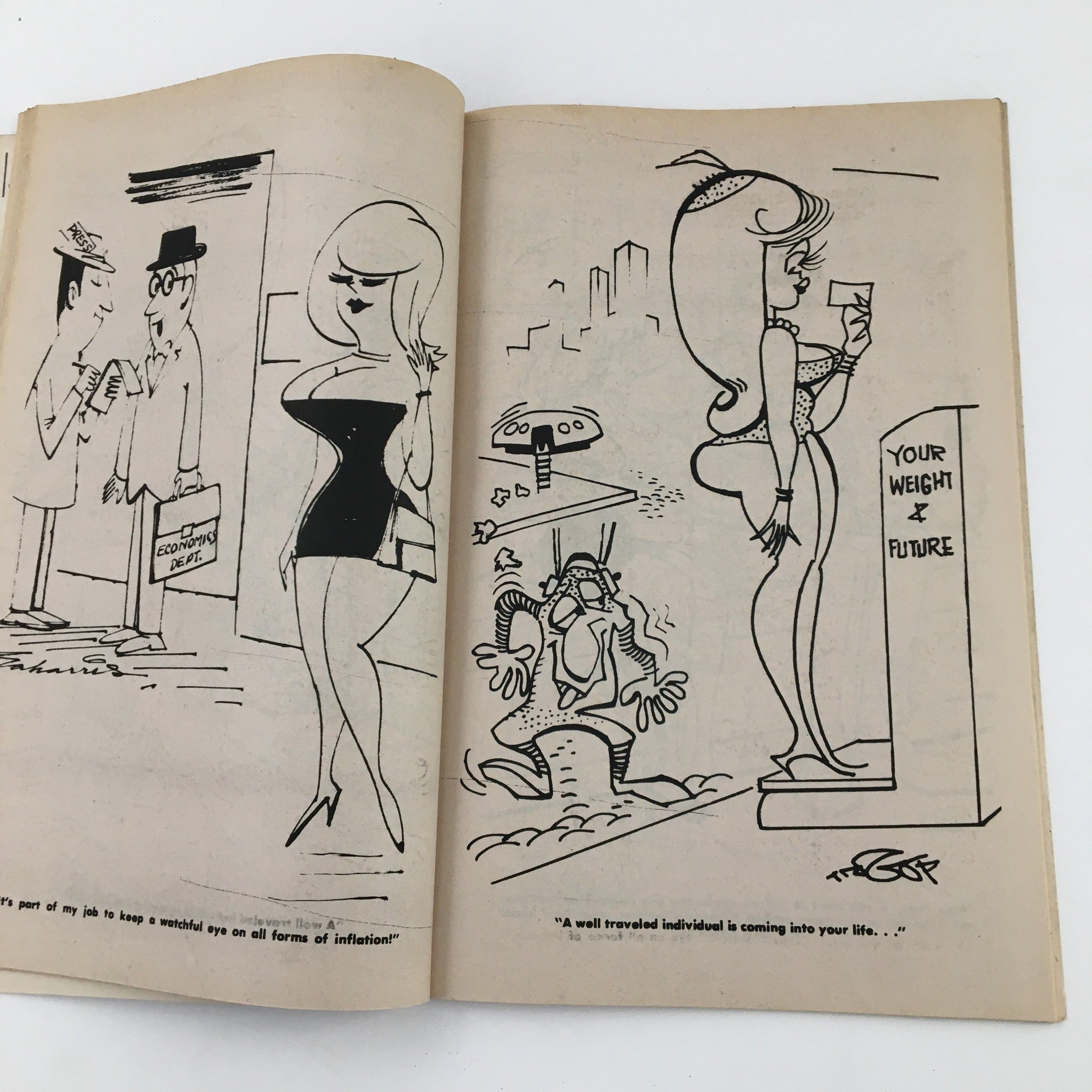 Humorous cartoon from Good Humor September 1971 No. 41 magazine illustrating a scene where characters are engaging with the concept of weight and future in a funny way.