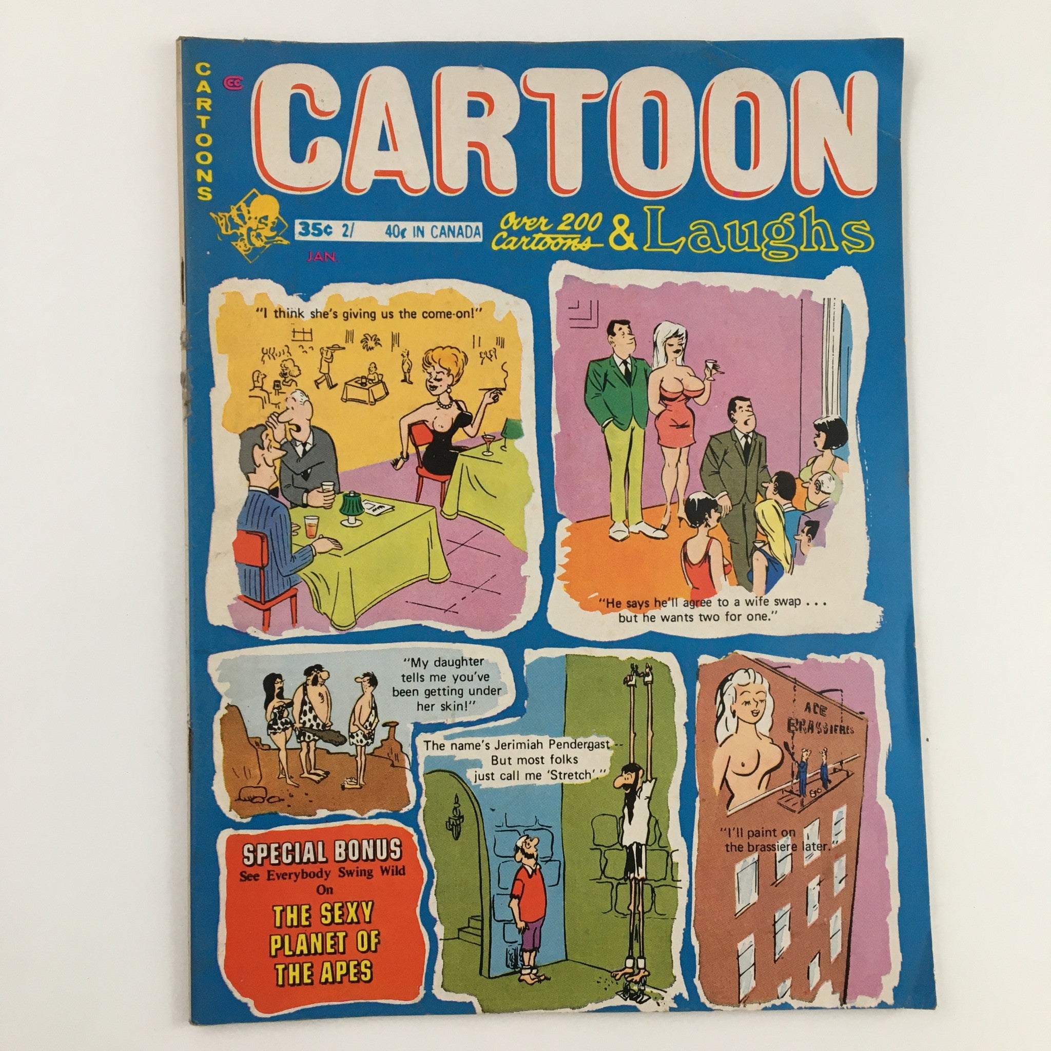 Cover of VTG Cartoon Laughs January 1971 Vol. 10 No. 1 The Sexy Planet of The Apes featuring colorful cartoon illustrations, humor about relationships, and a special bonus section.