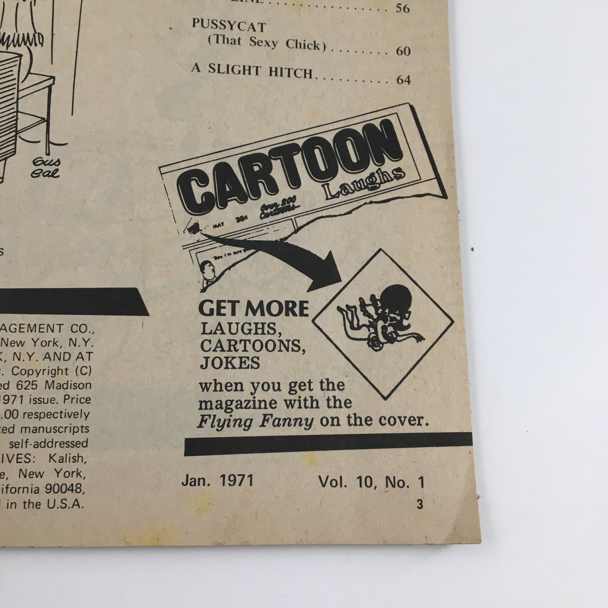 Back cover of VTG Cartoon Laughs January 1971 Vol. 10 No. 1 The Sexy Planet of The Apes displaying subscription information and a humorous cartoon ad, maintaining the magazine's playful theme.