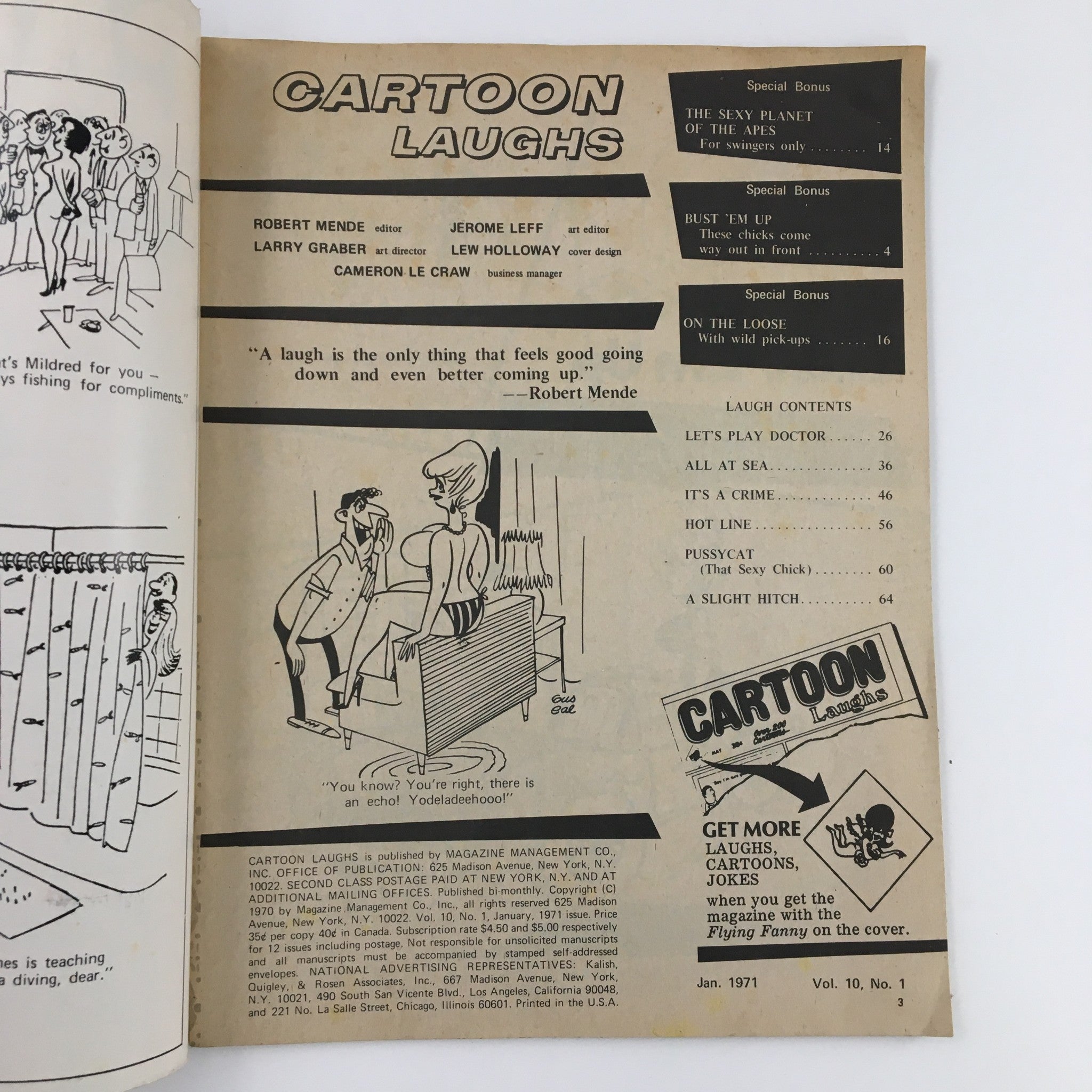 Interior page of VTG Cartoon Laughs January 1971 Vol. 10 No. 1 The Sexy Planet of The Apes featuring various humorous cartoons and a content list, showcasing the magazine's comedic style.