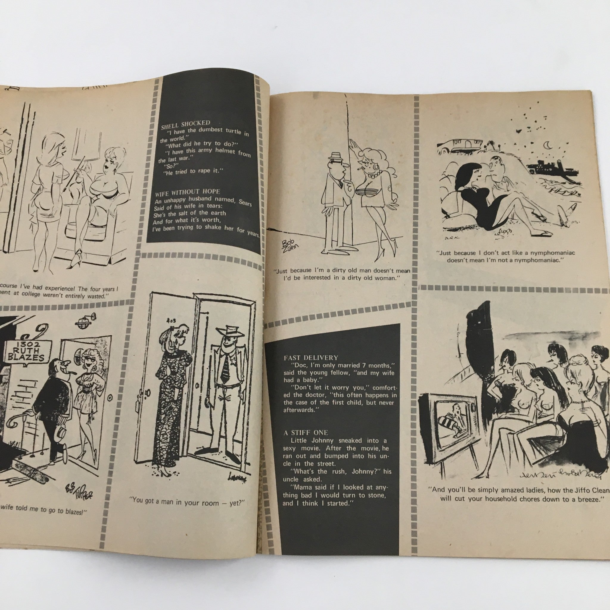 Vintage Cartoon Laughs January 1971 Vol. 10 No. 1 featuring comic illustrations with themes of humor and adult situations, showcasing various comedic scenarios.