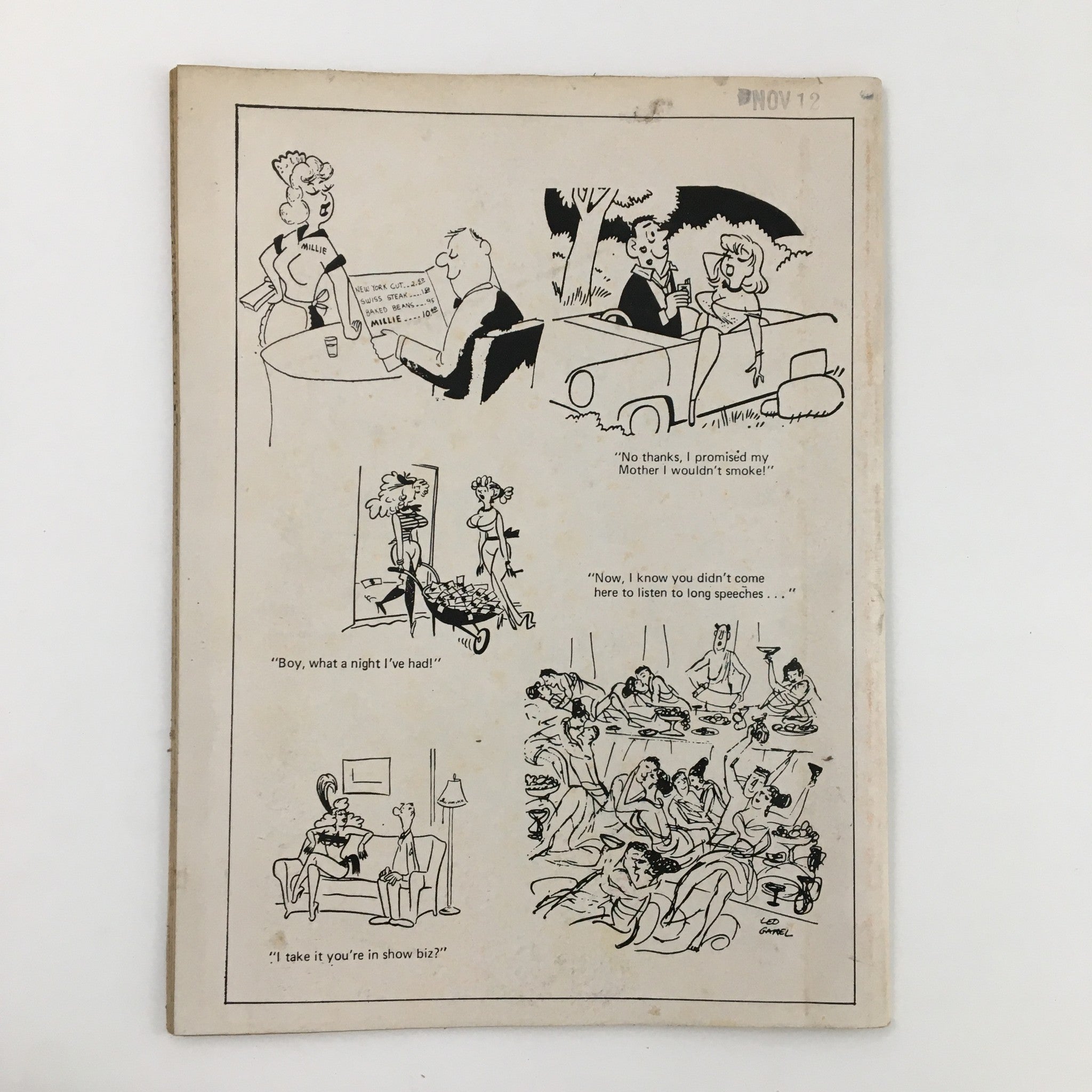Vintage Cartoon Laughs January 1971 Vol. 10 No. 1 showing a back cover filled with comic illustrations and jokes, highlighting quirky interactions between characters.