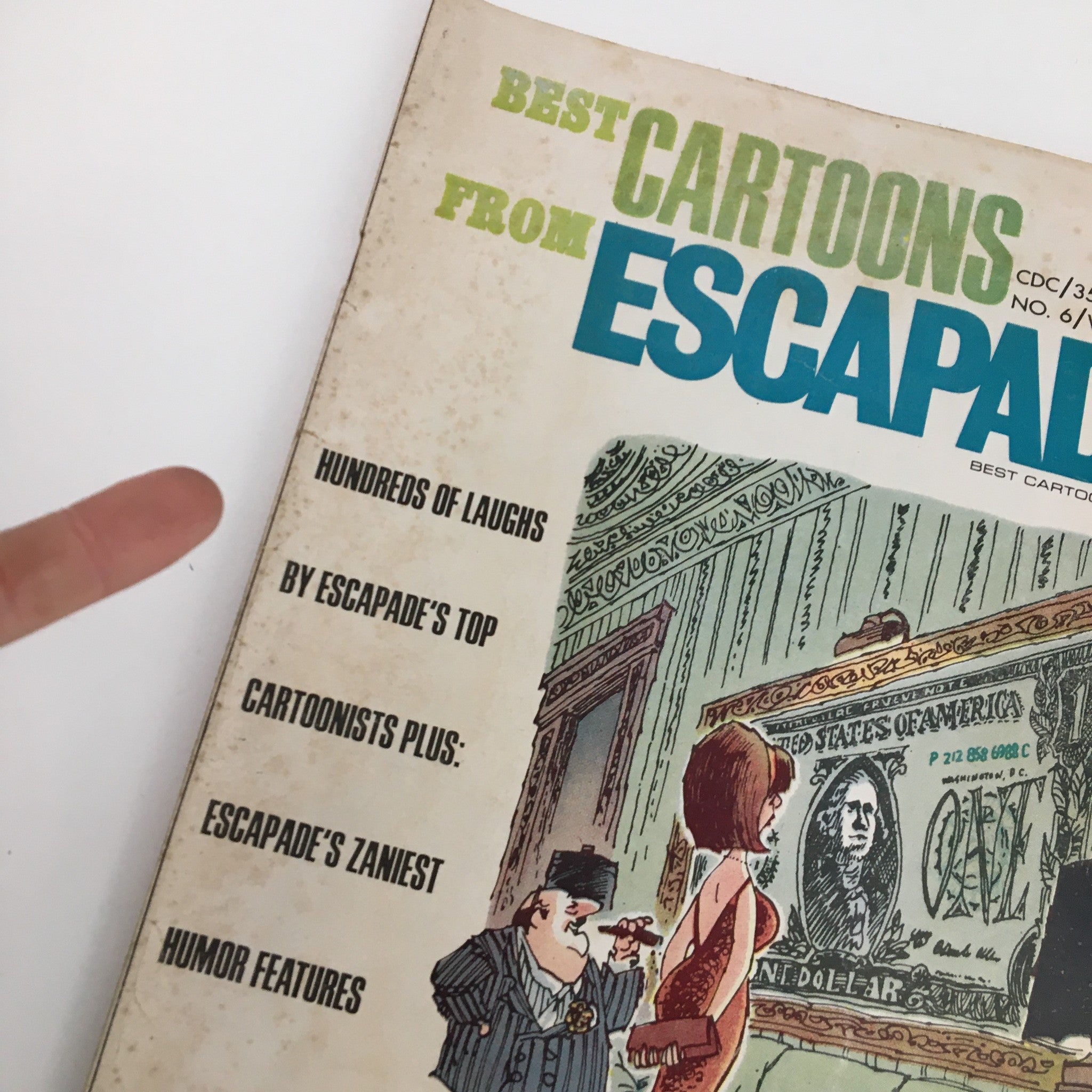 Close-up of Best Cartoon Series Winter 1966-1967 Vol. 4 No. 6 cover, highlighting the text 'Hundreds of Laughs by Escapade's Top Cartoonists' and vibrant artwork.