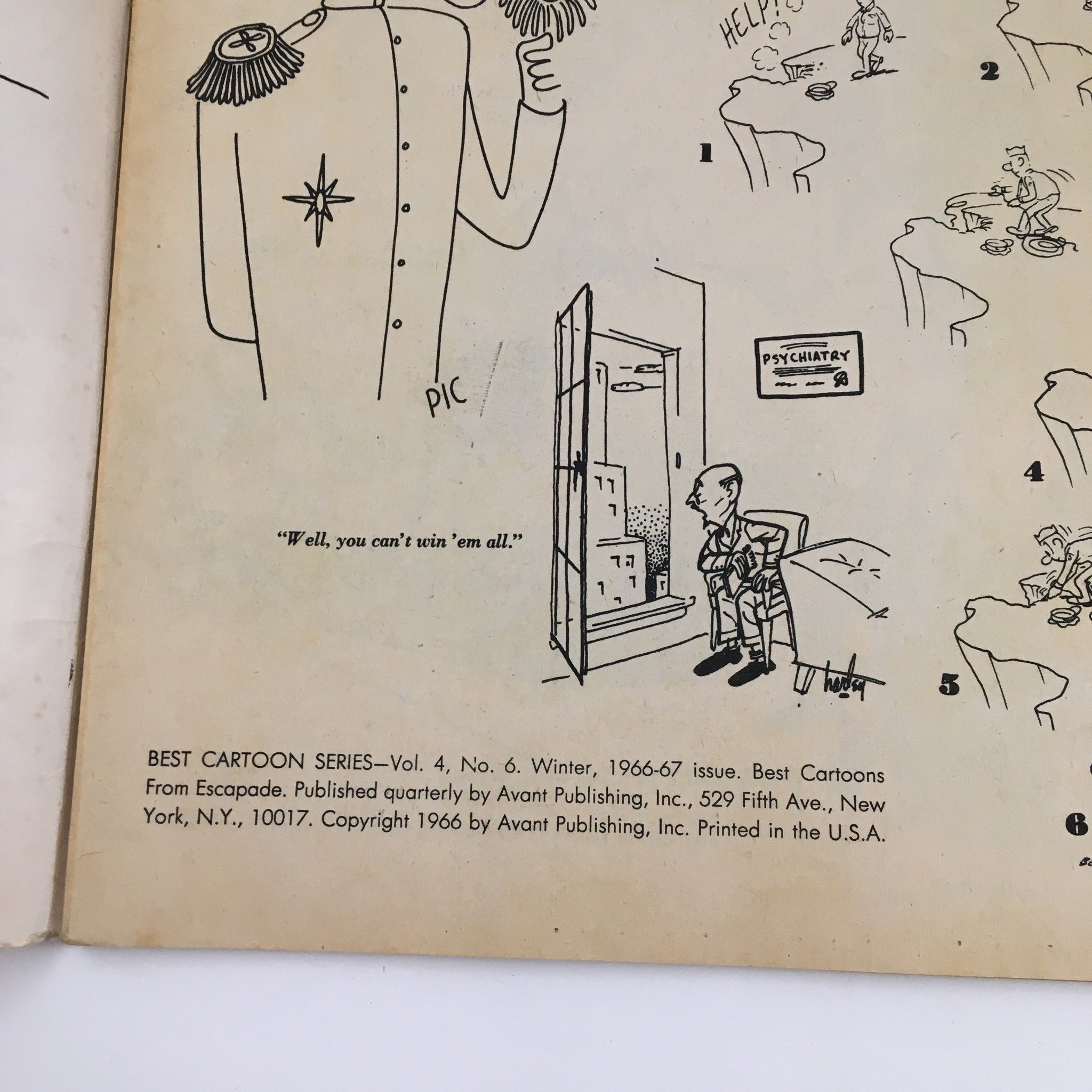 Illustration from Best Cartoon Series Winter 1966-1967 Vol. 4 No. 6 Escapade's Zaniest Humor featuring humorous caricatures and witty quotes.