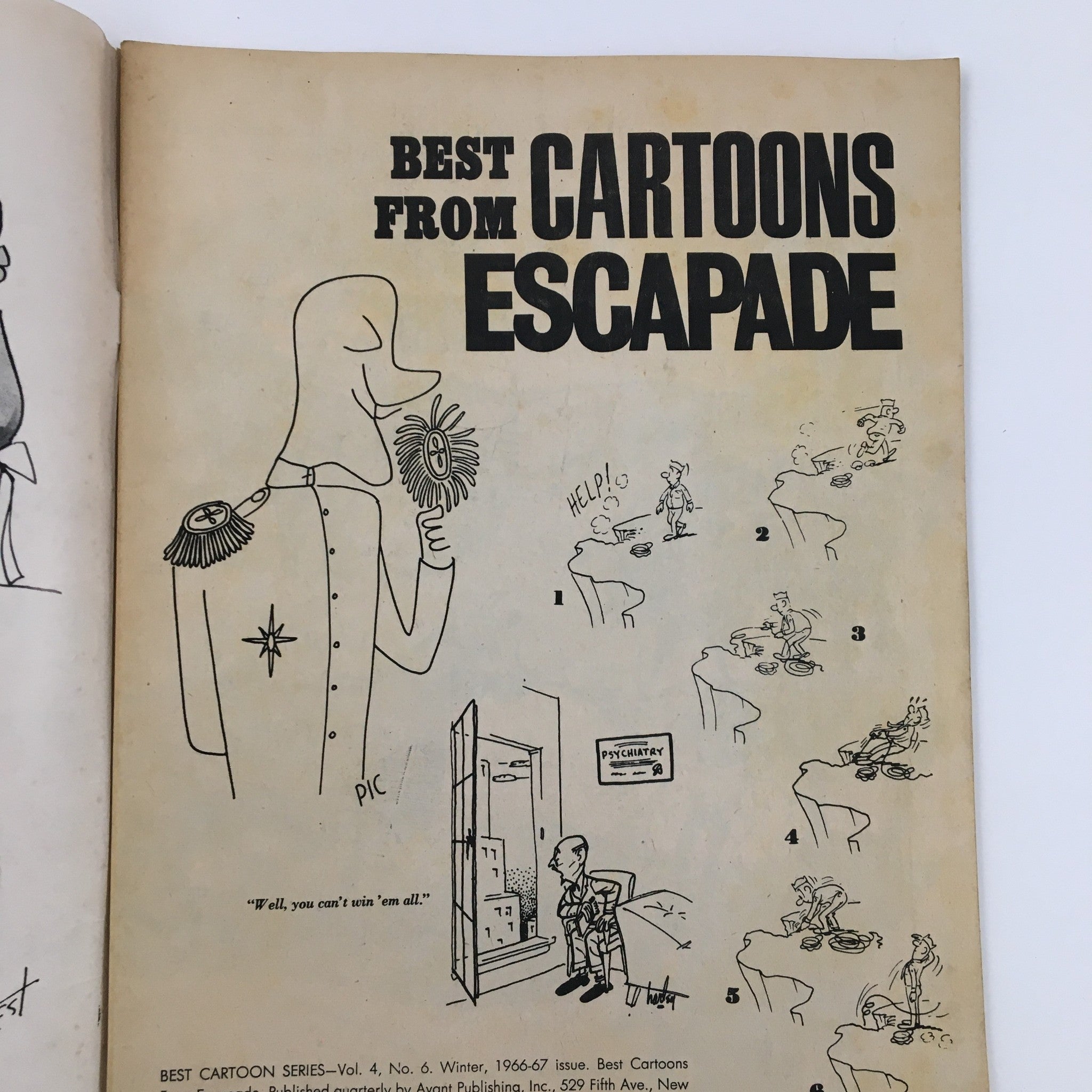 Cover illustration of Best Cartoon Series Winter 1966-1967 Vol. 4 No. 6 Escapade's Zaniest Humor showcasing a playful graphic design and the title prominently displayed.