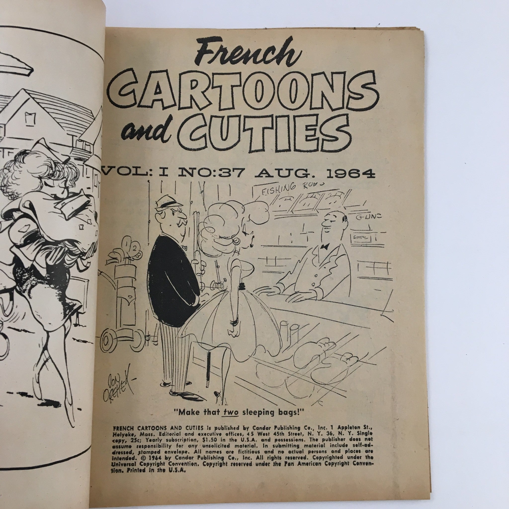 Inside page of 'French Cartoons and Cuties' August 1964 Vol. 1 No. 37 featuring illustrations and witty commentary about modern life.