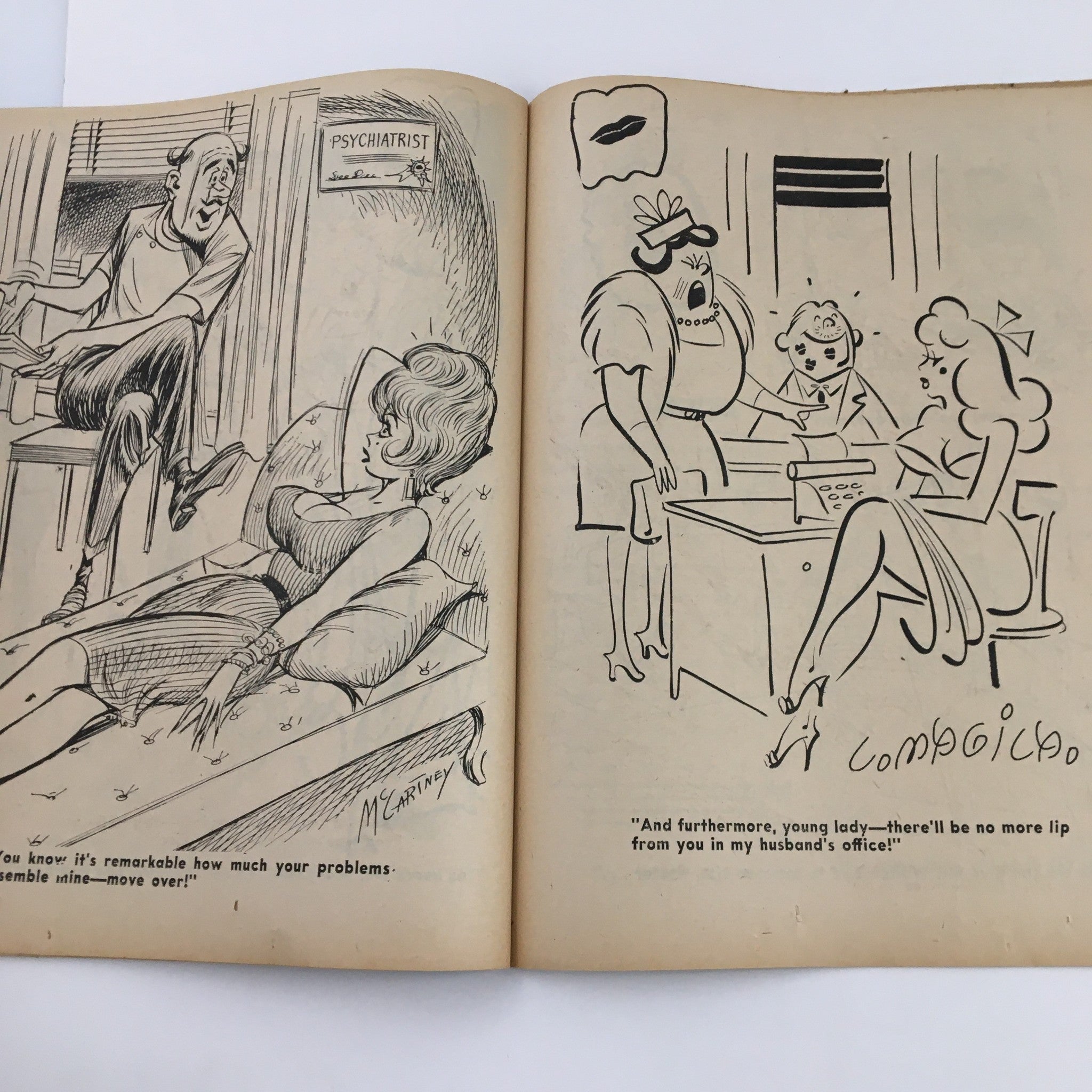 Illustration from the vintage magazine 'French Cartoons and Cuties' August 1964, Vol. 1 No. 37, depicting a humorous psychiatrist scene with a woman lounging on a couch and two characters interacting.
