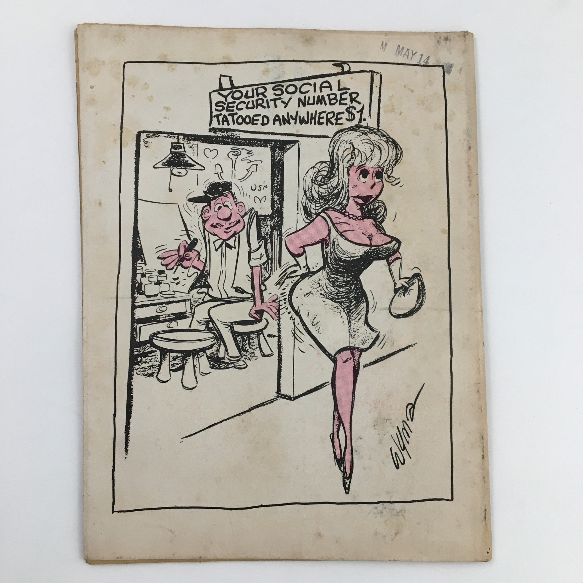 Cover illustration from 'French Cartoons and Cuties' August 1964, Vol. 1 No. 37, featuring a playful cartoon of a woman in a dress walking towards a salon with a humorous sign about tattooing social security numbers.