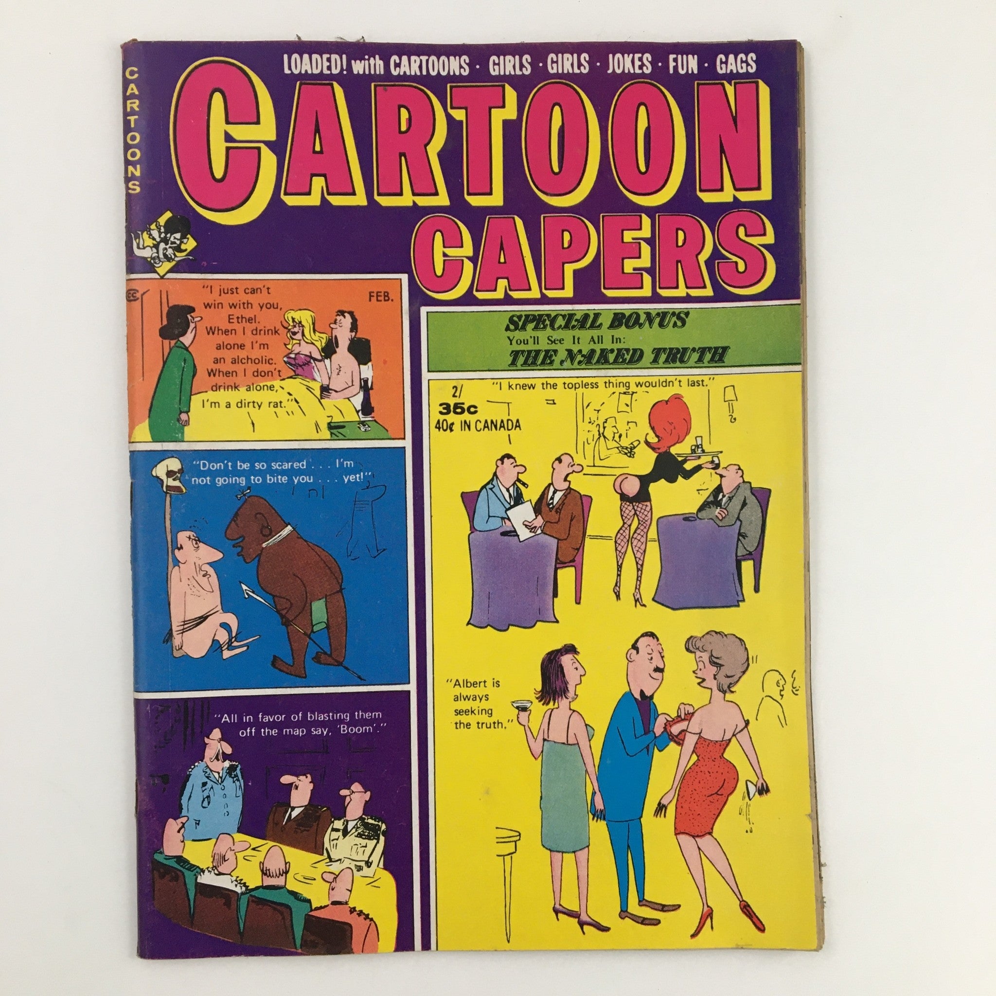 Cover of 'Cartoon Capers' February 1971, Vol. 6 No. 1, featuring colorful illustrations with humor and satire, including stories like 'The Naked Truth' and 'Sock It To Me'.