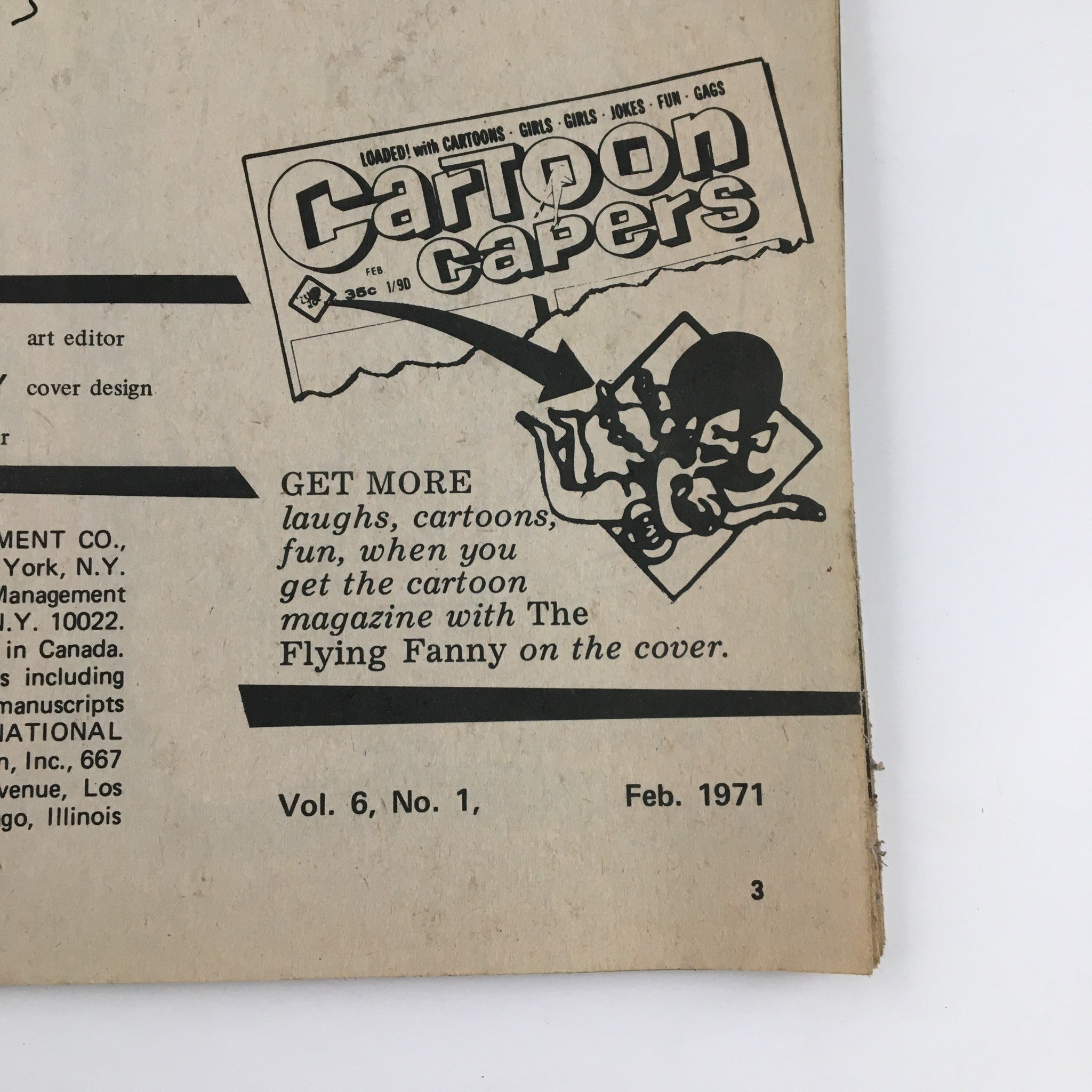 Back cover of 'Cartoon Capers' February 1971, Vol. 6 No. 1, showcasing the magazine's promotional content and vintage theme.