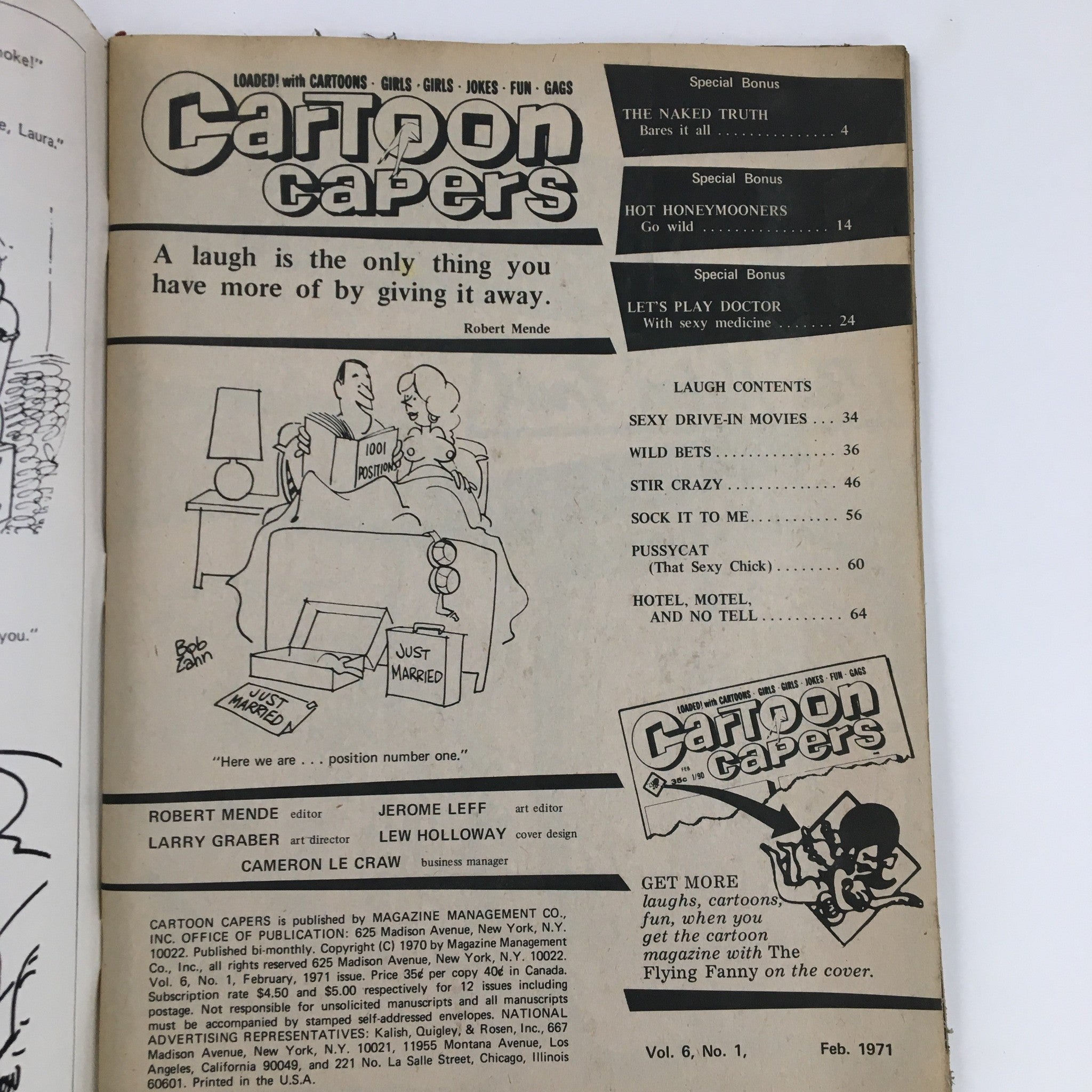 Table of contents for 'Cartoon Capers' February 1971, Vol. 6 No. 1, highlighting articles and special bonuses including 'The Naked Truth'.