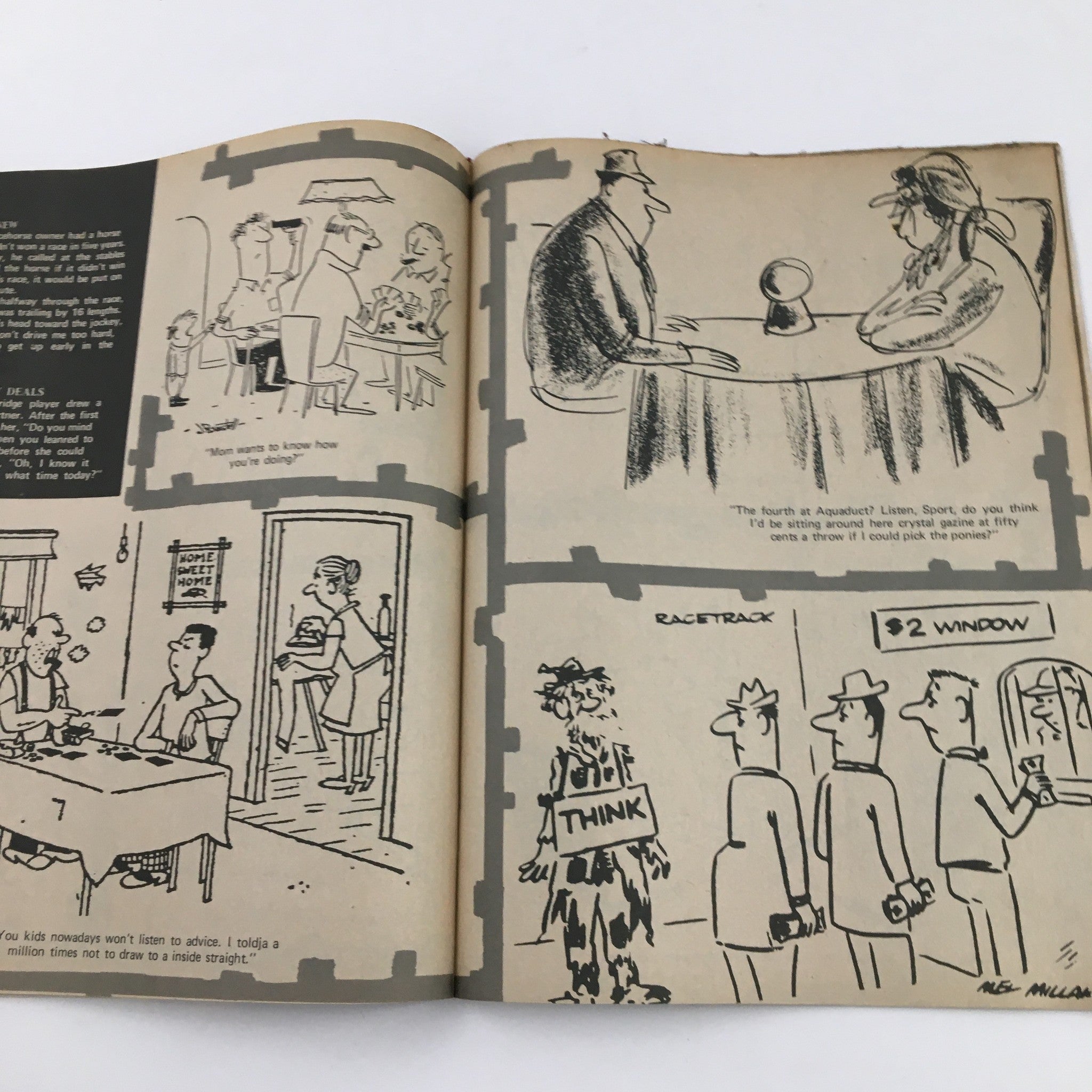 Cartoon Capers February 1971 Vol. 6 No. 1 interior illustration featuring humorous sketches including cartoon characters at a table, a fortune teller, and whimsical dialogues highlighting the playful creativity of 1970s editorial cartoons.