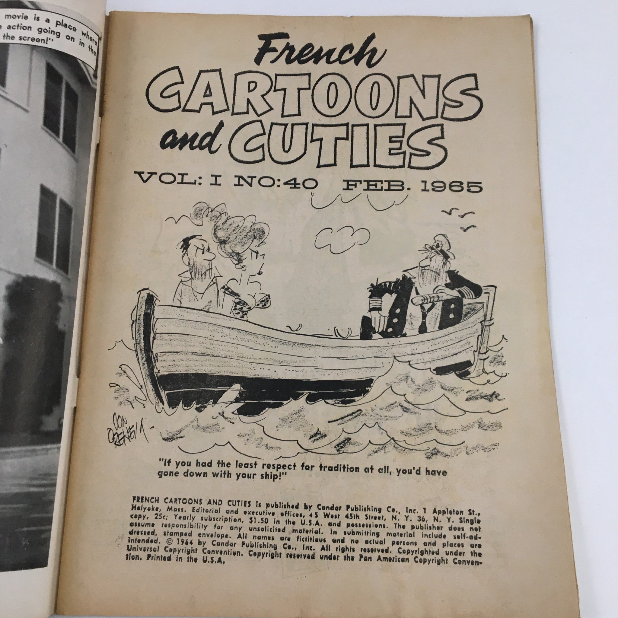 Interior page of French Cartoons and Cuties February 1965 Vol. 1 No. 40 displaying a cartoon featuring characters in a boat, demonstrating the magazine's humor style.