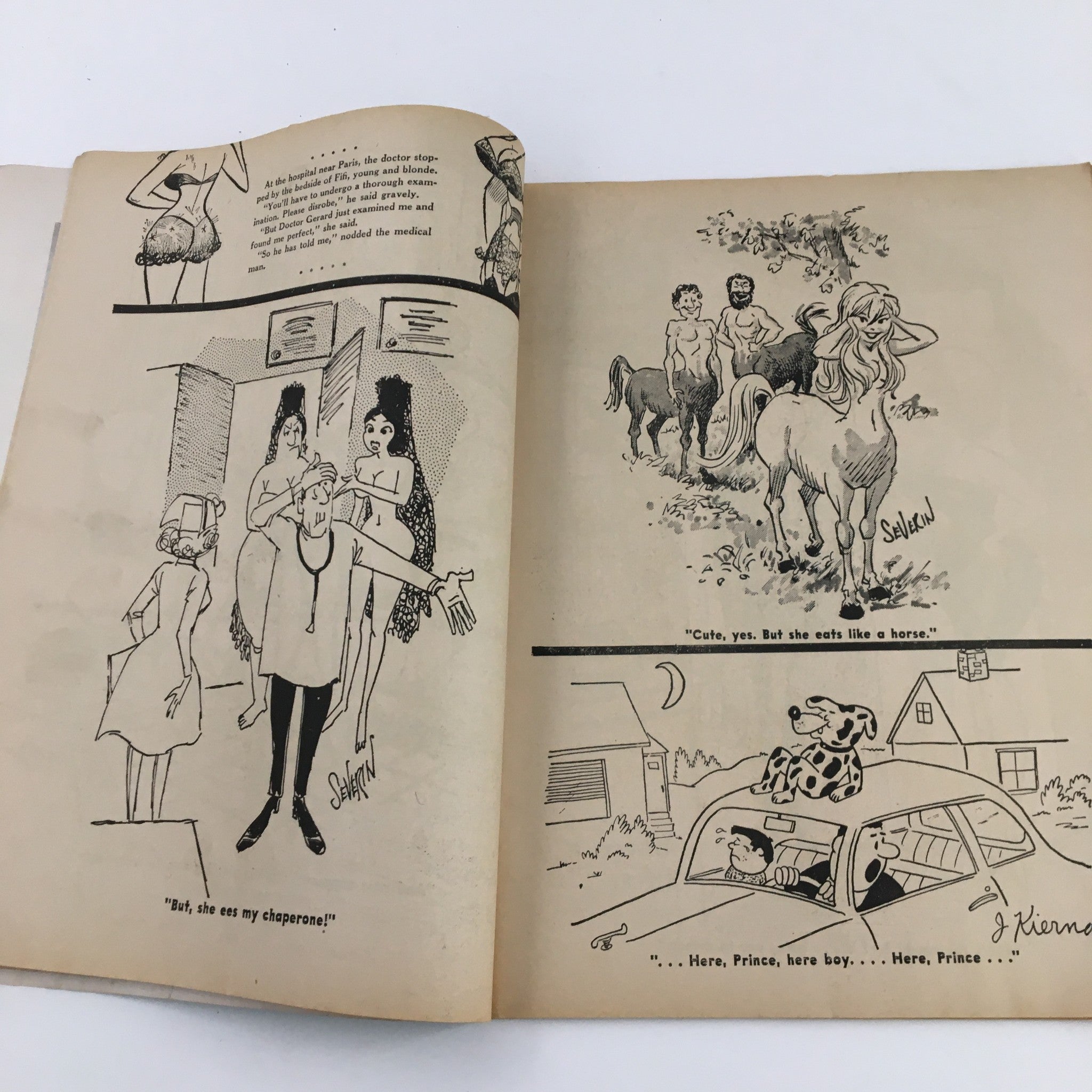 Another interior page from French Cartoons and Cuties February 1965 Vol. 1 No. 40 showcasing several cartoons with witty captions, including the phrase 'Cute, yes. But she eats like a horse.'