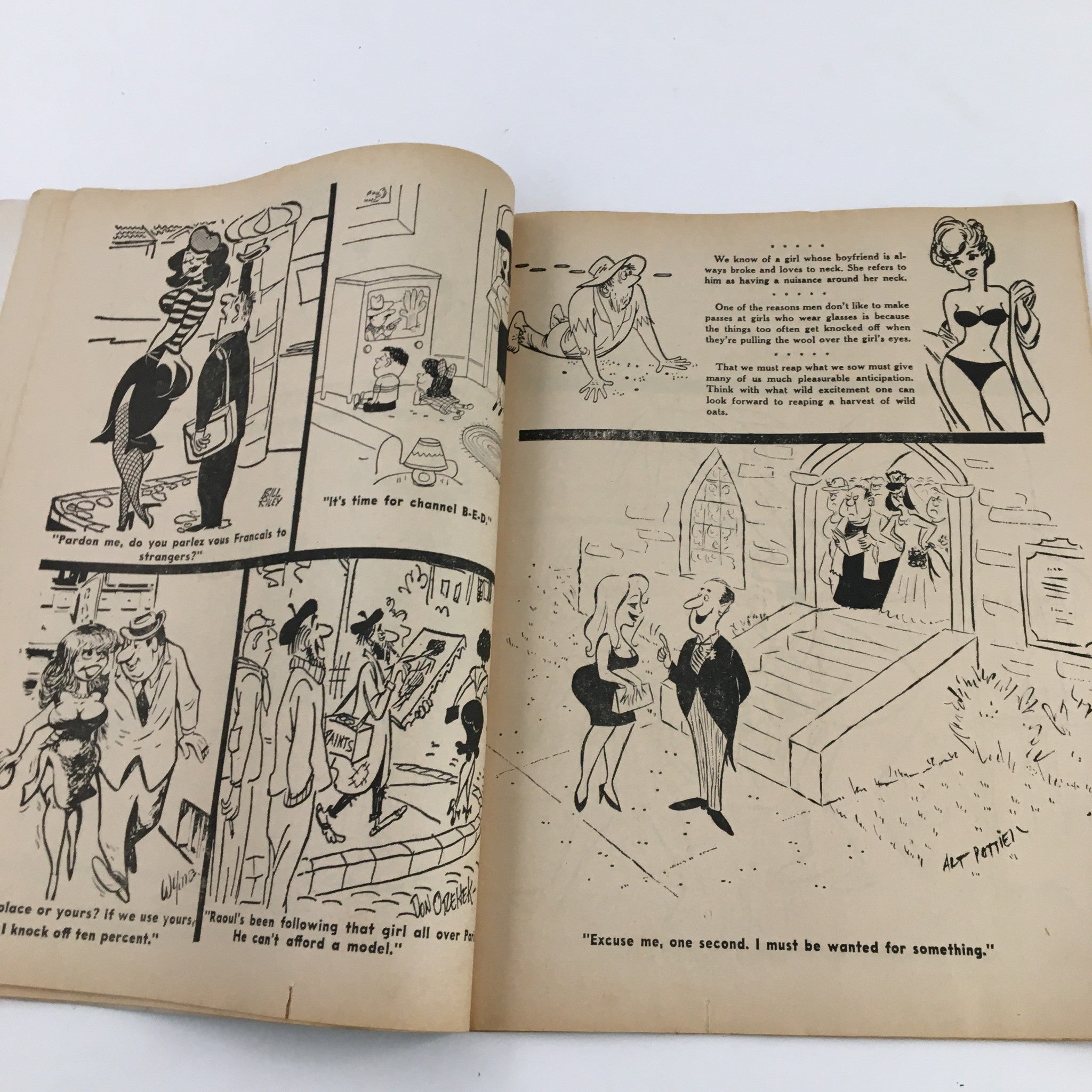 Interior page of 'French Cartoons and Cuties February 1965 Vol. 1 No. 40 Cute But Eats Like Horse' showcasing humorous illustrations and captions.