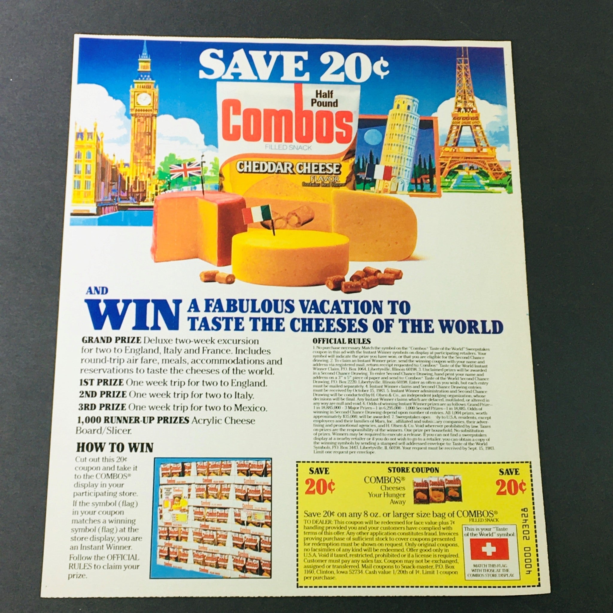 VTG Retro 1984 Combos Half Pound Win Fabulous Vacation Cheese World Ad Coupon