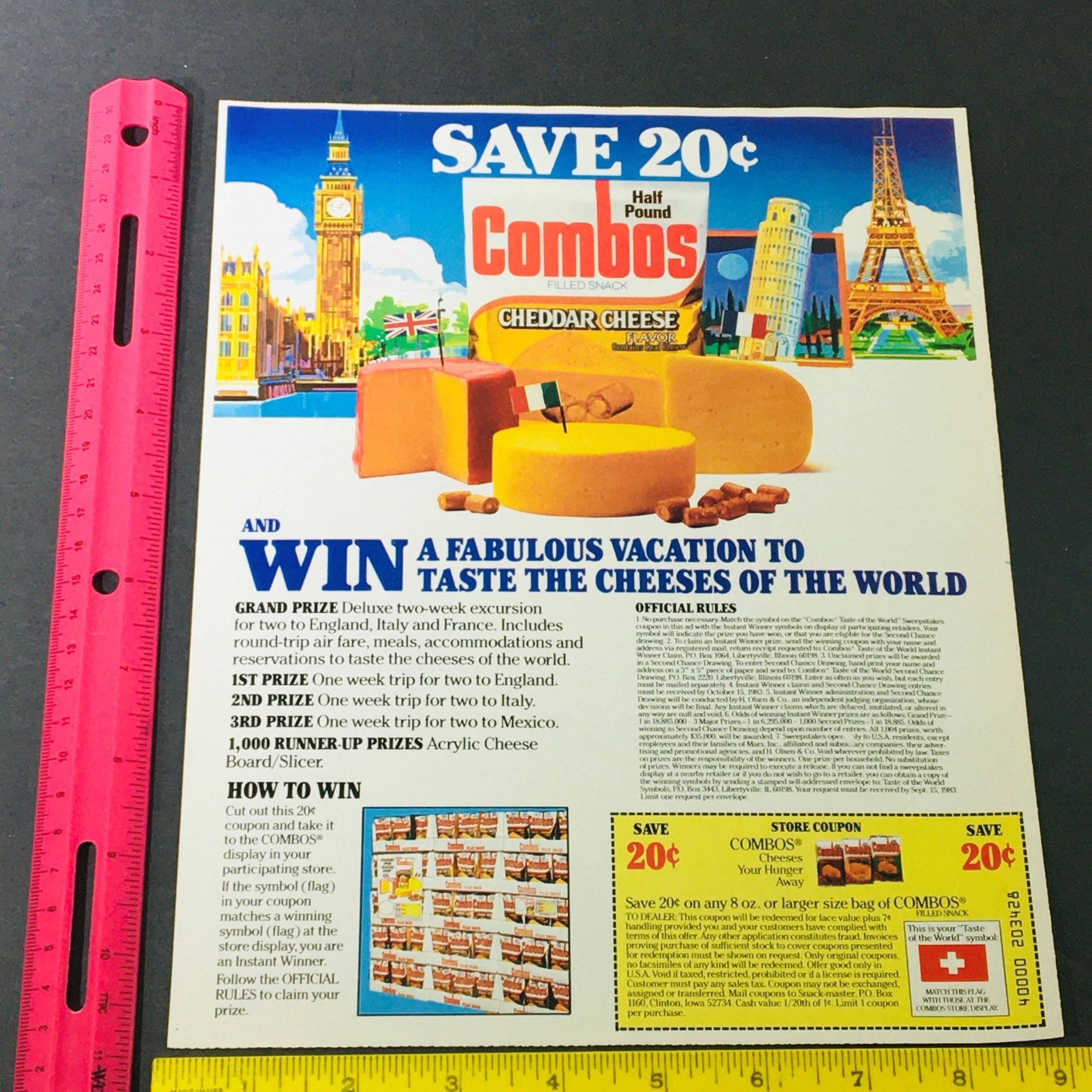 VTG Retro 1984 Combos Half Pound Win Fabulous Vacation Cheese World Ad Coupon